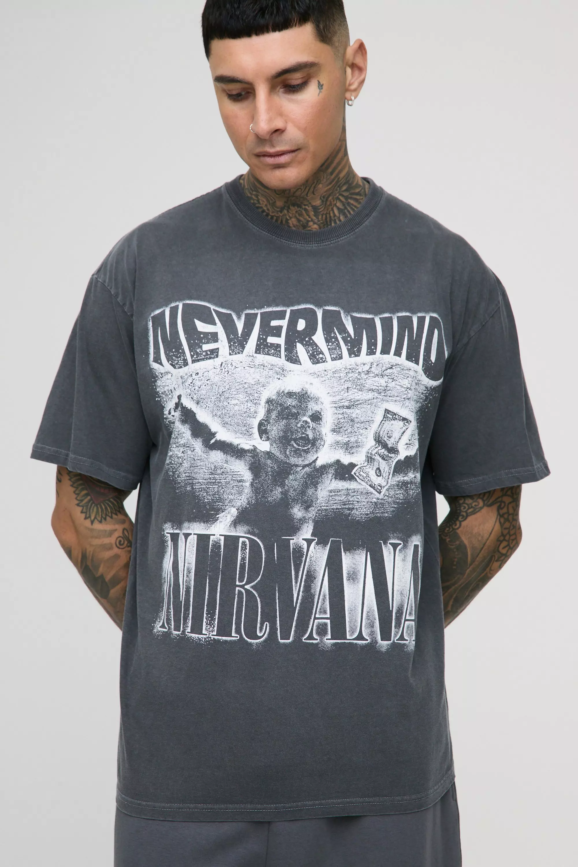 Charcoal Tall Oversized Nirvana License Washed Print T-Shirt alternative image