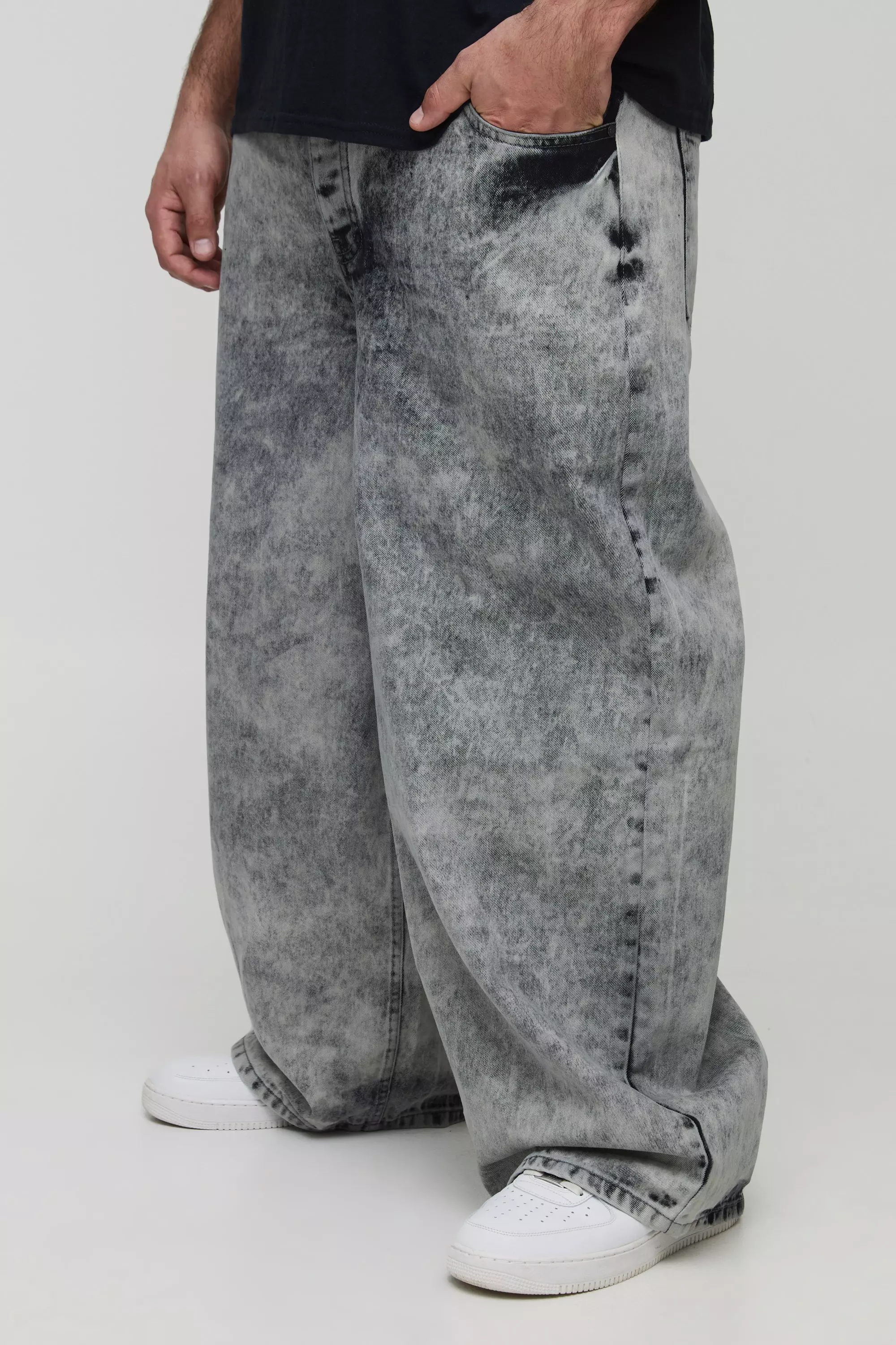 Grey Plus Extreme Washed Baggy Fit Jeans