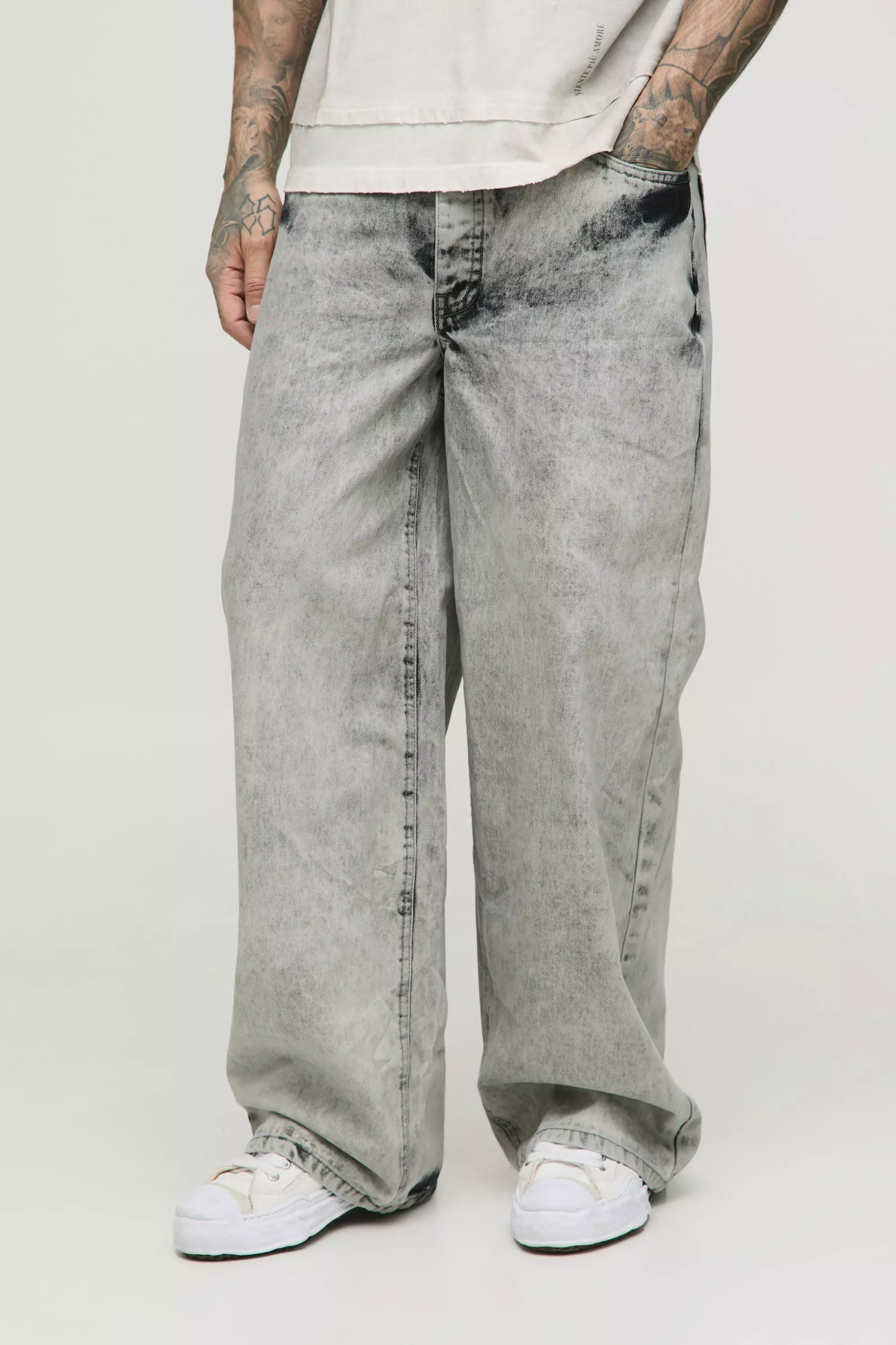 Grey Tall Extreme Washed Baggy Fit Jeans