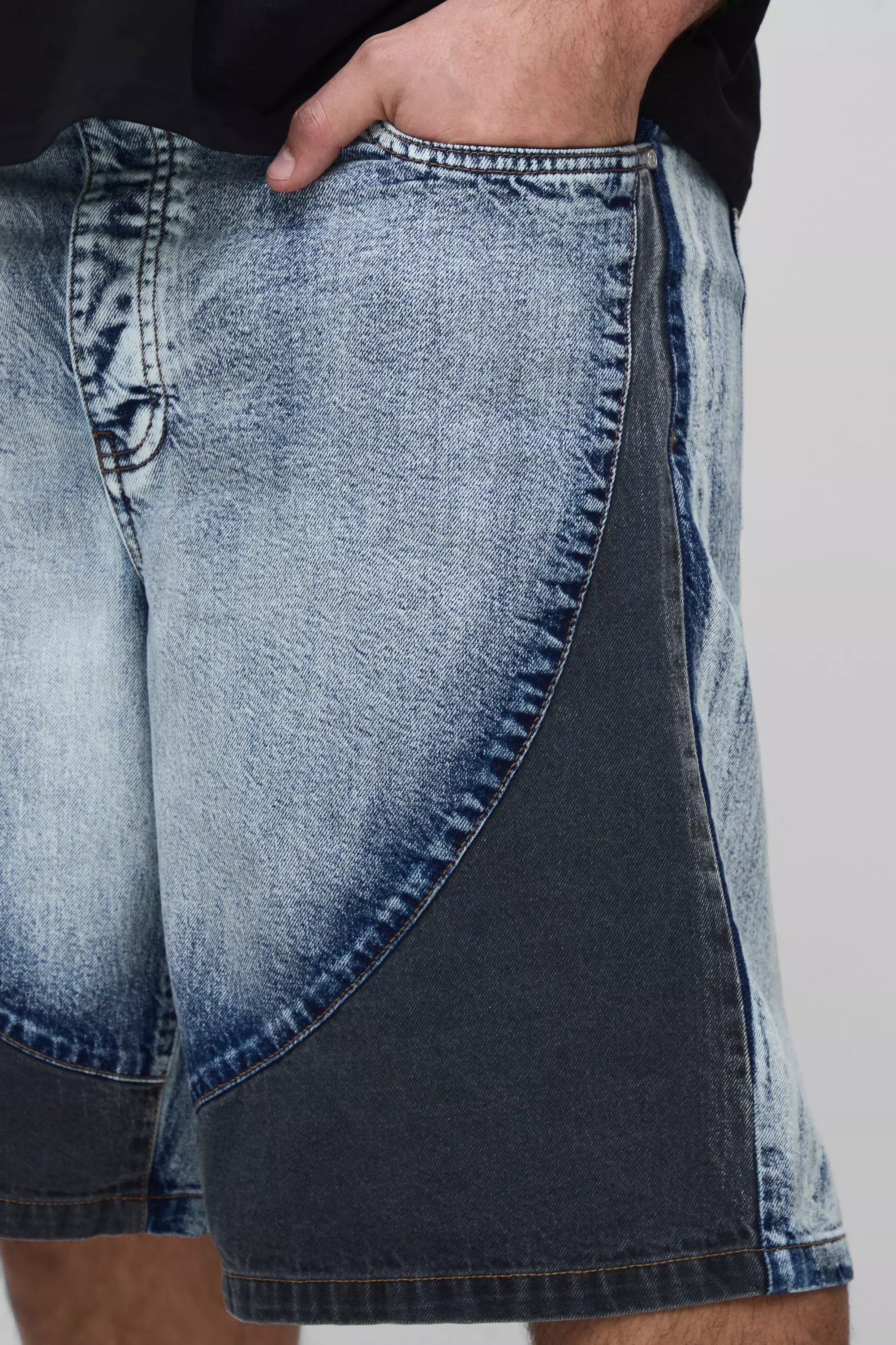 Mid blue Plus Relaxed Fit Colour Block Panelled Jorts alternative image
