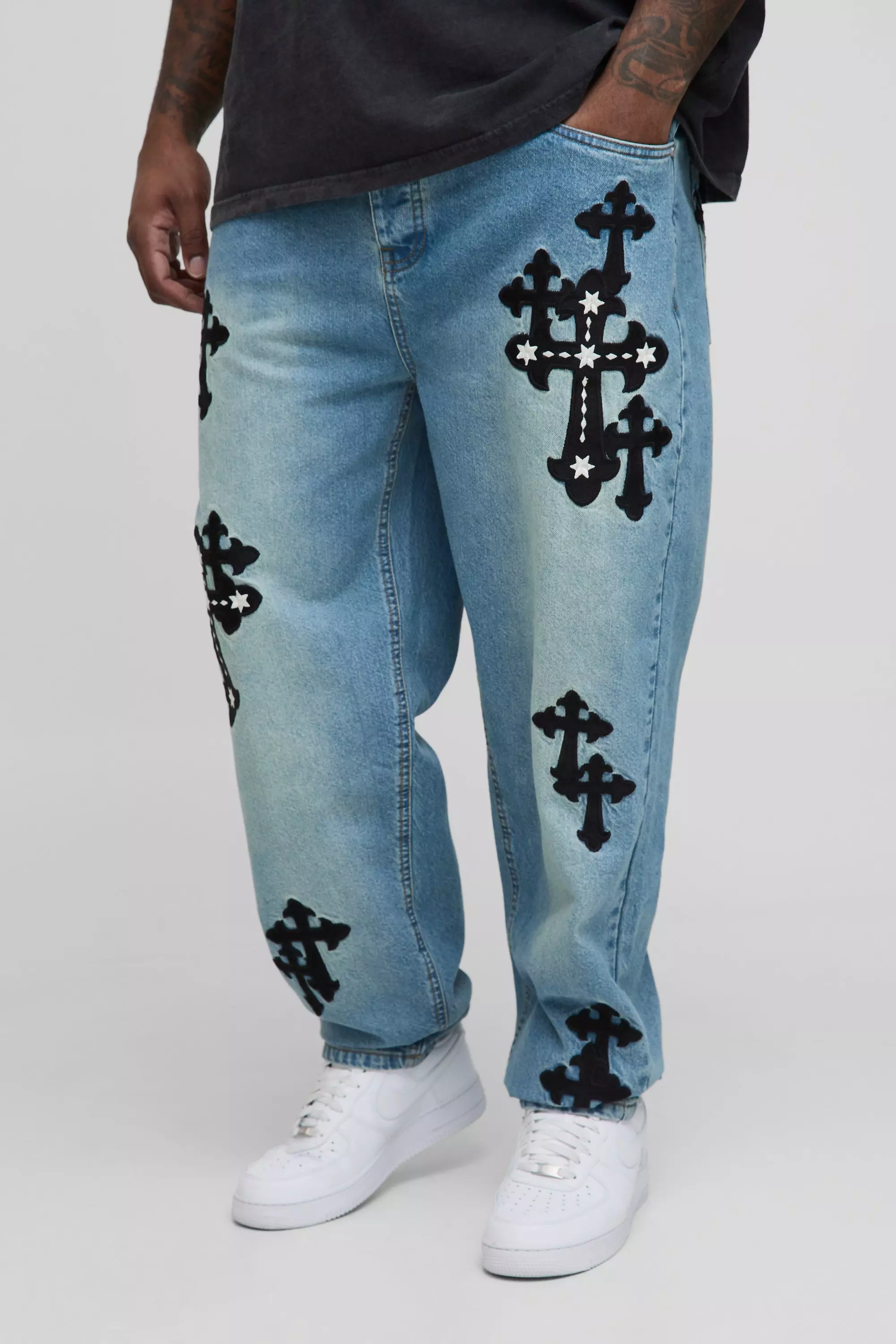 Antique blue Plus Gothic Cross Applique Slim Stacked Jeans alternative image