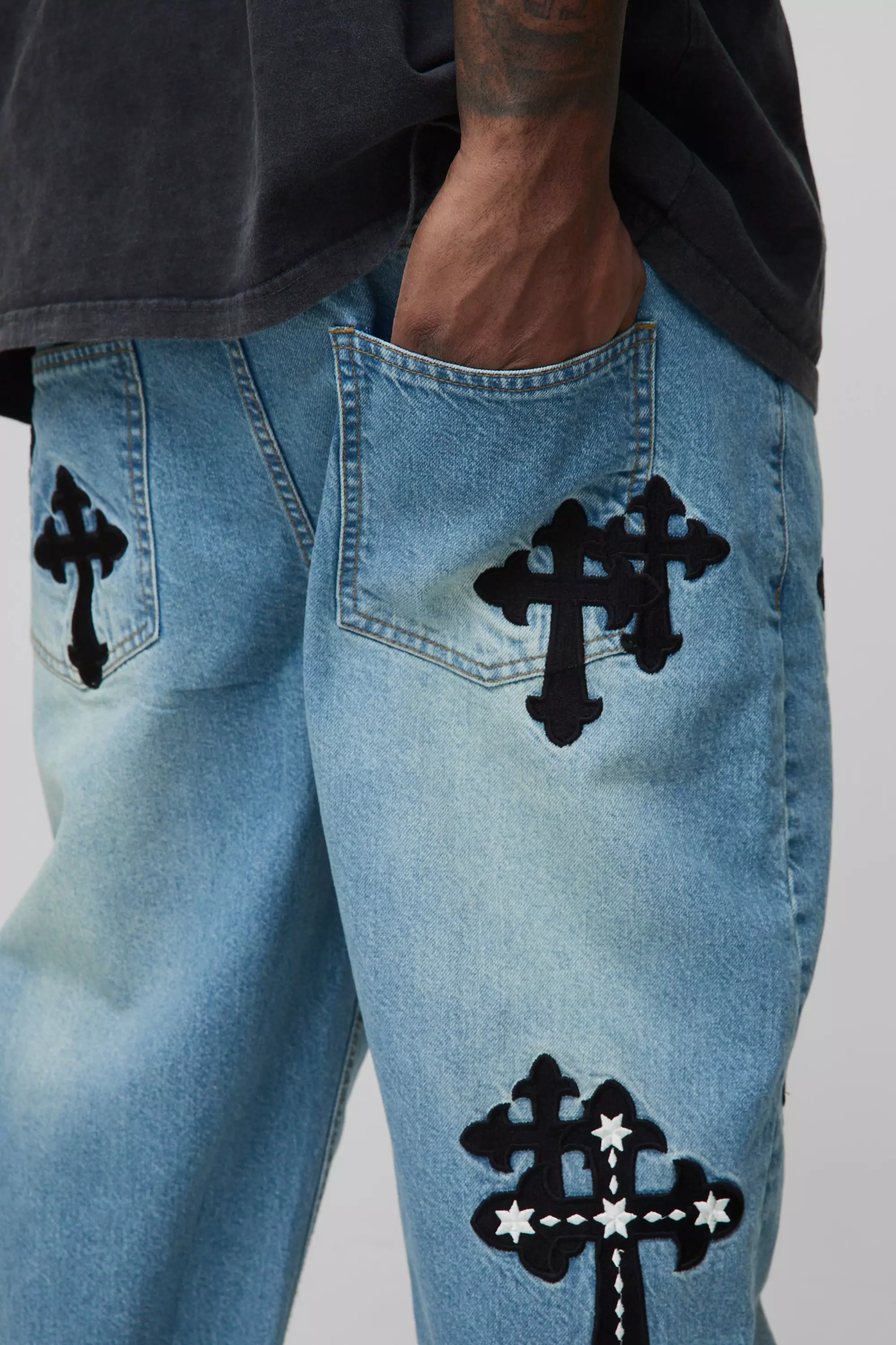 Antique blue Plus Gothic Cross Applique Slim Stacked Jeans alternative image