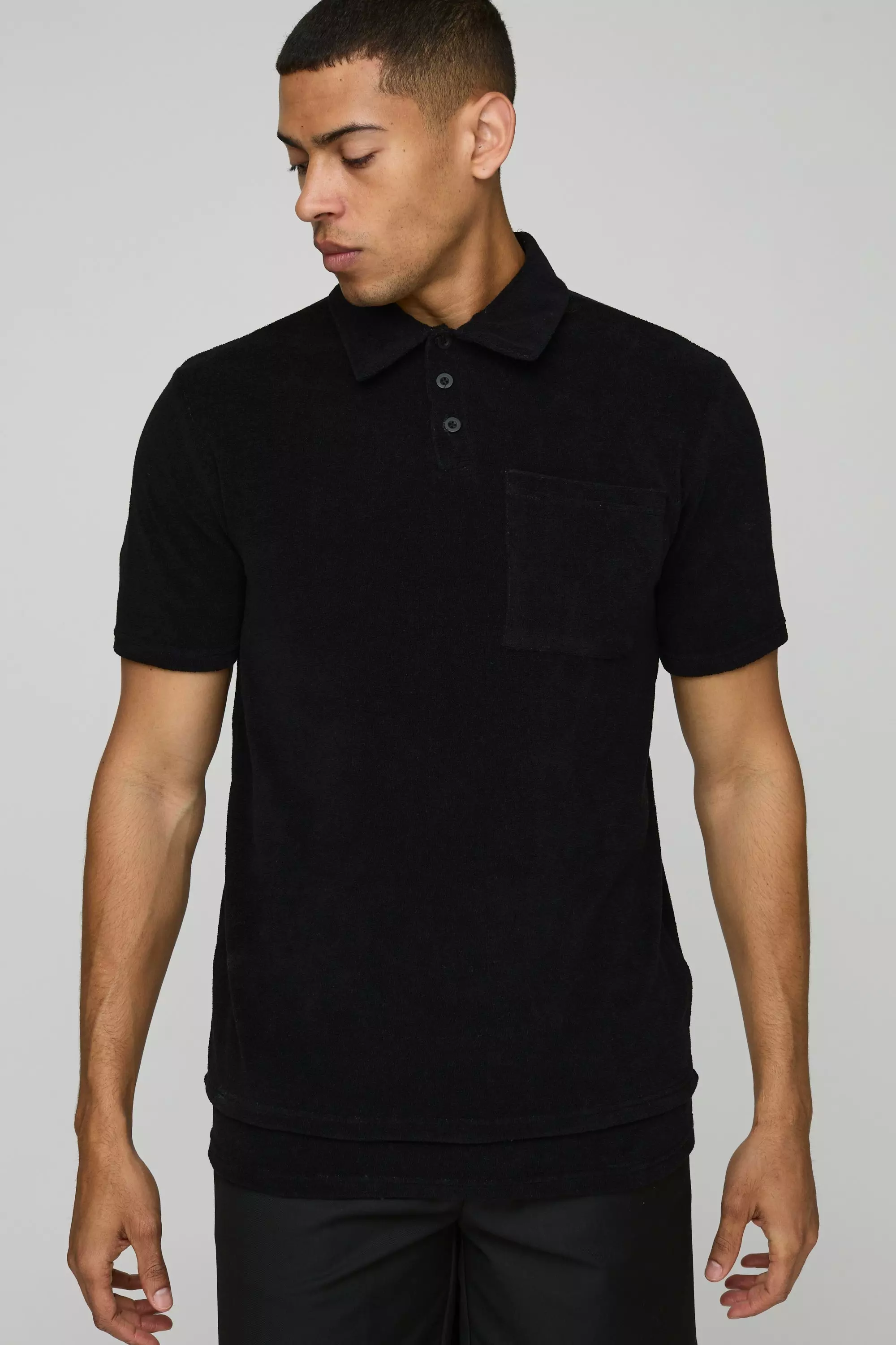 Black Slim Fit Towelling Faux Layer Hem Polo alternative image