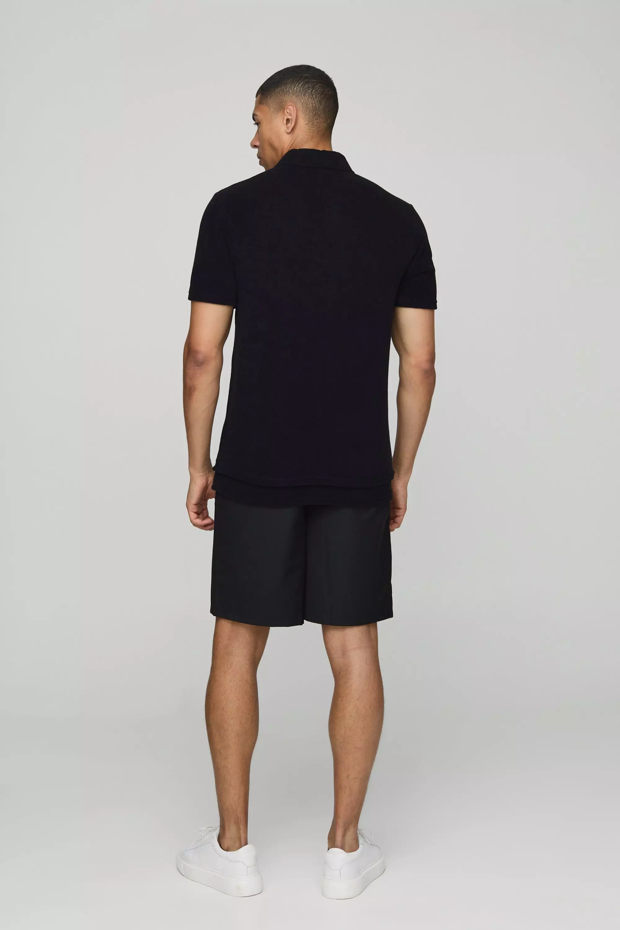 Black Slim Fit Towelling Faux Layer Hem Polo alternative image