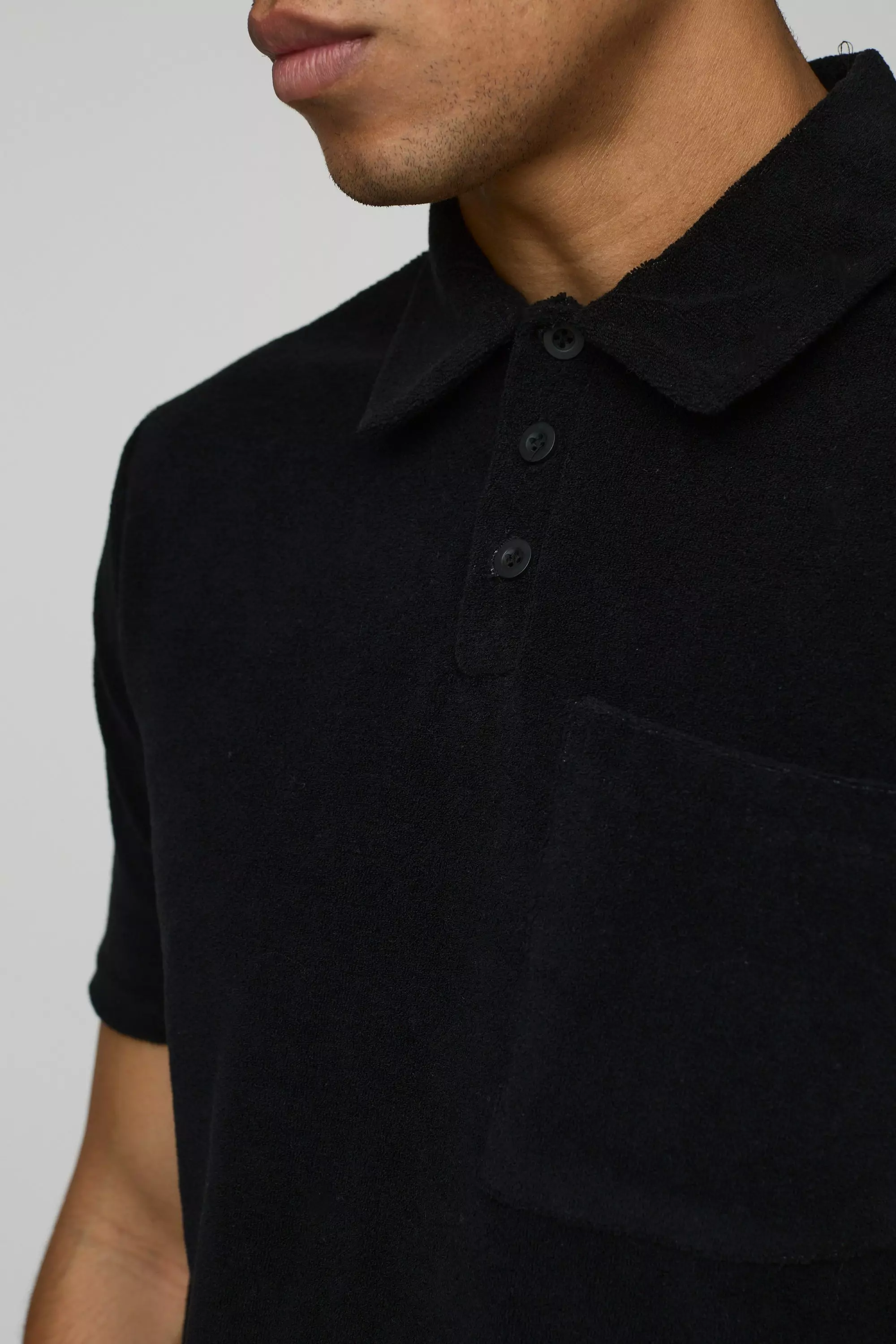Black Slim Fit Towelling Faux Layer Hem Polo alternative image