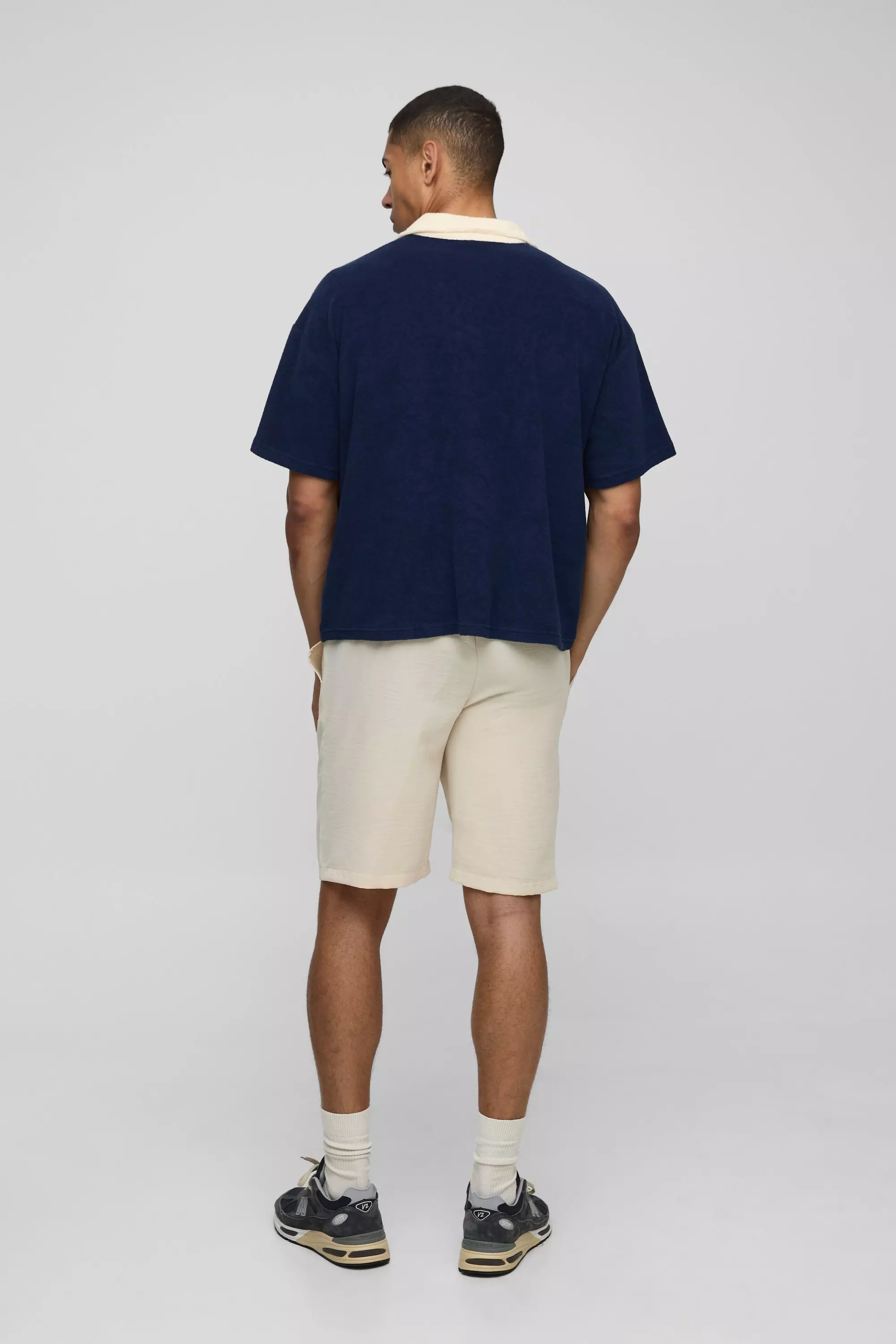 Polo oversize à col V en tissu éponge, Navy autre image