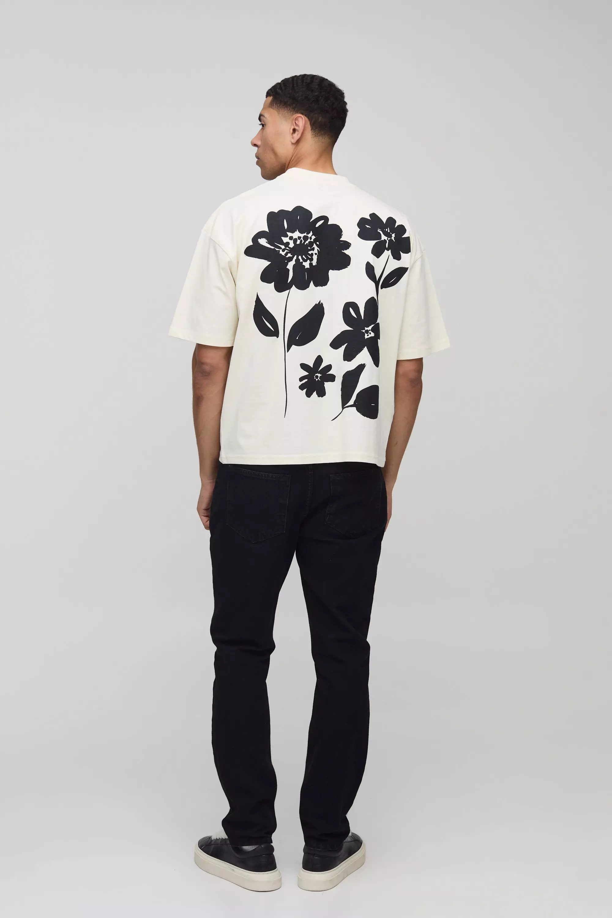 Ecru Oversized Boxy Extended Neck Floral Print T-Shirt alternative image