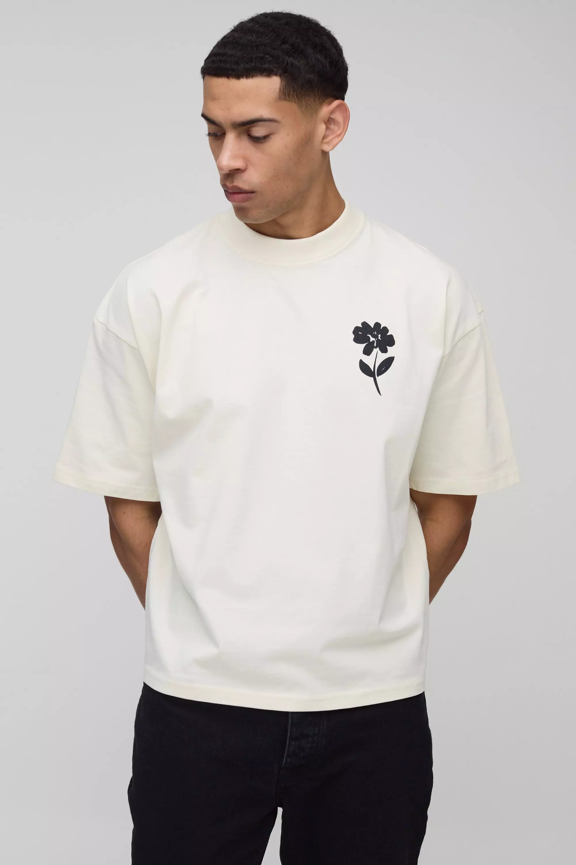 Ecru Oversized Boxy Extended Neck Floral Print T-Shirt alternative image