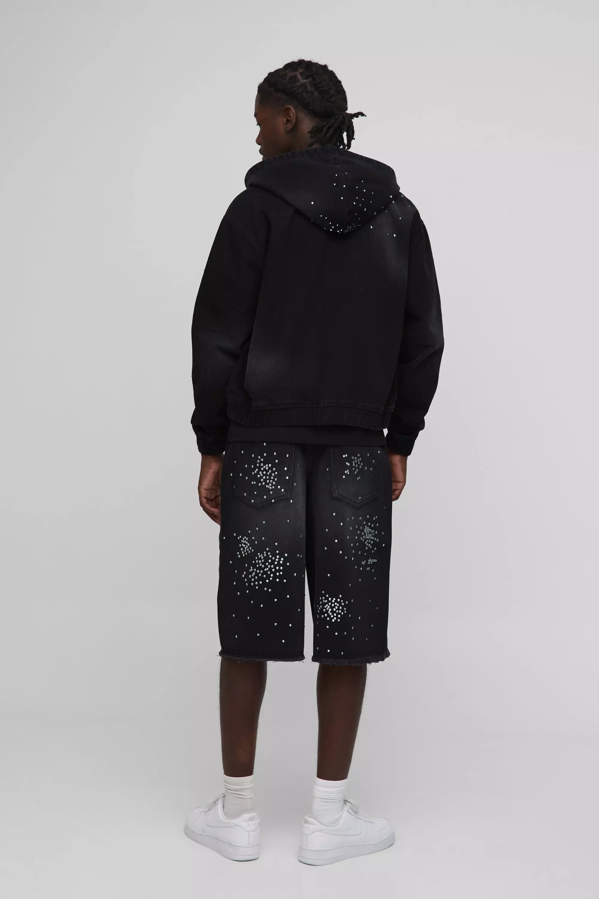 Longline Distressed Embellished Rigid Jorts In Washed Black | boohooMAN USA