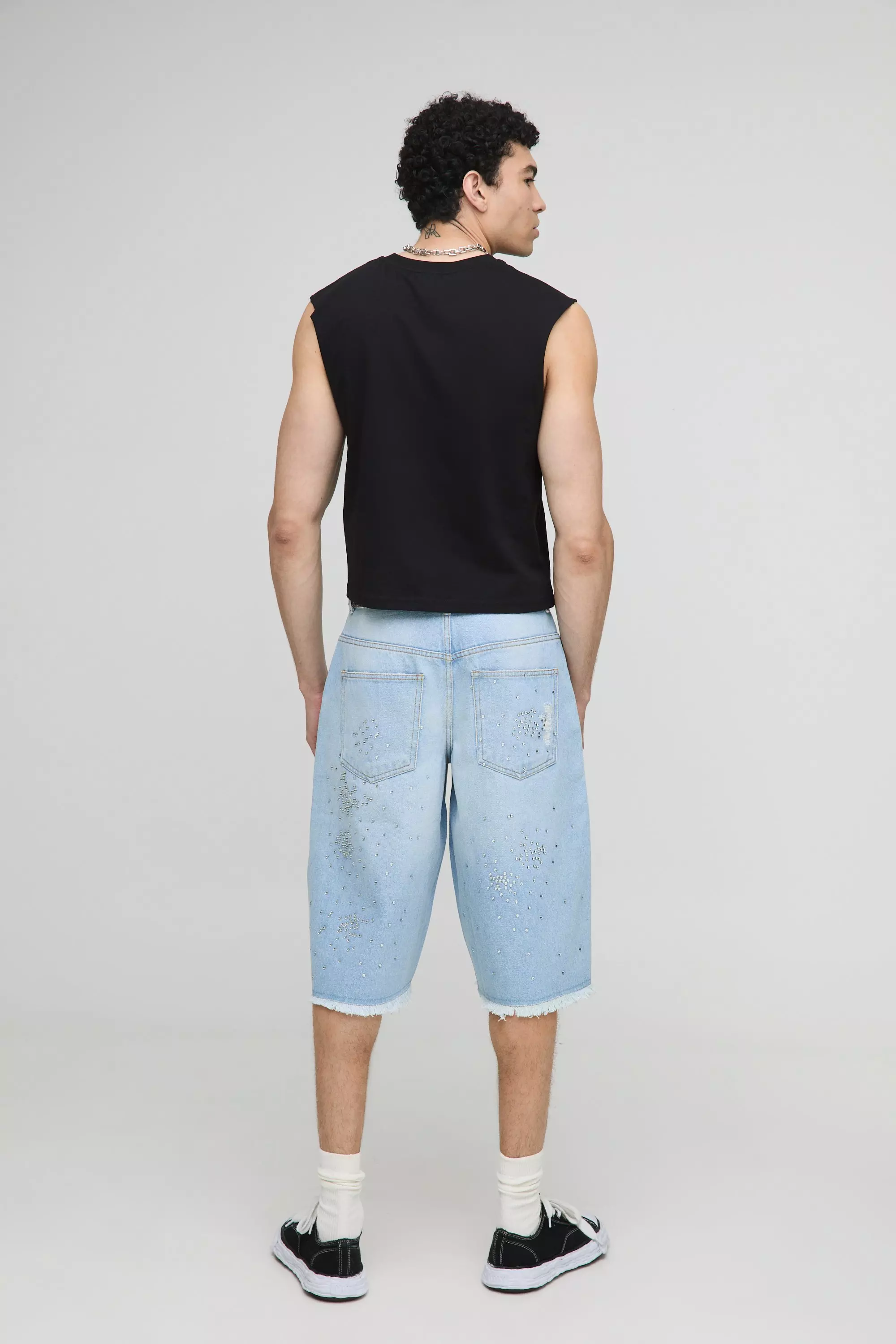 Longline Distressed Embellished Rigid Jorts In Blue | boohooMAN