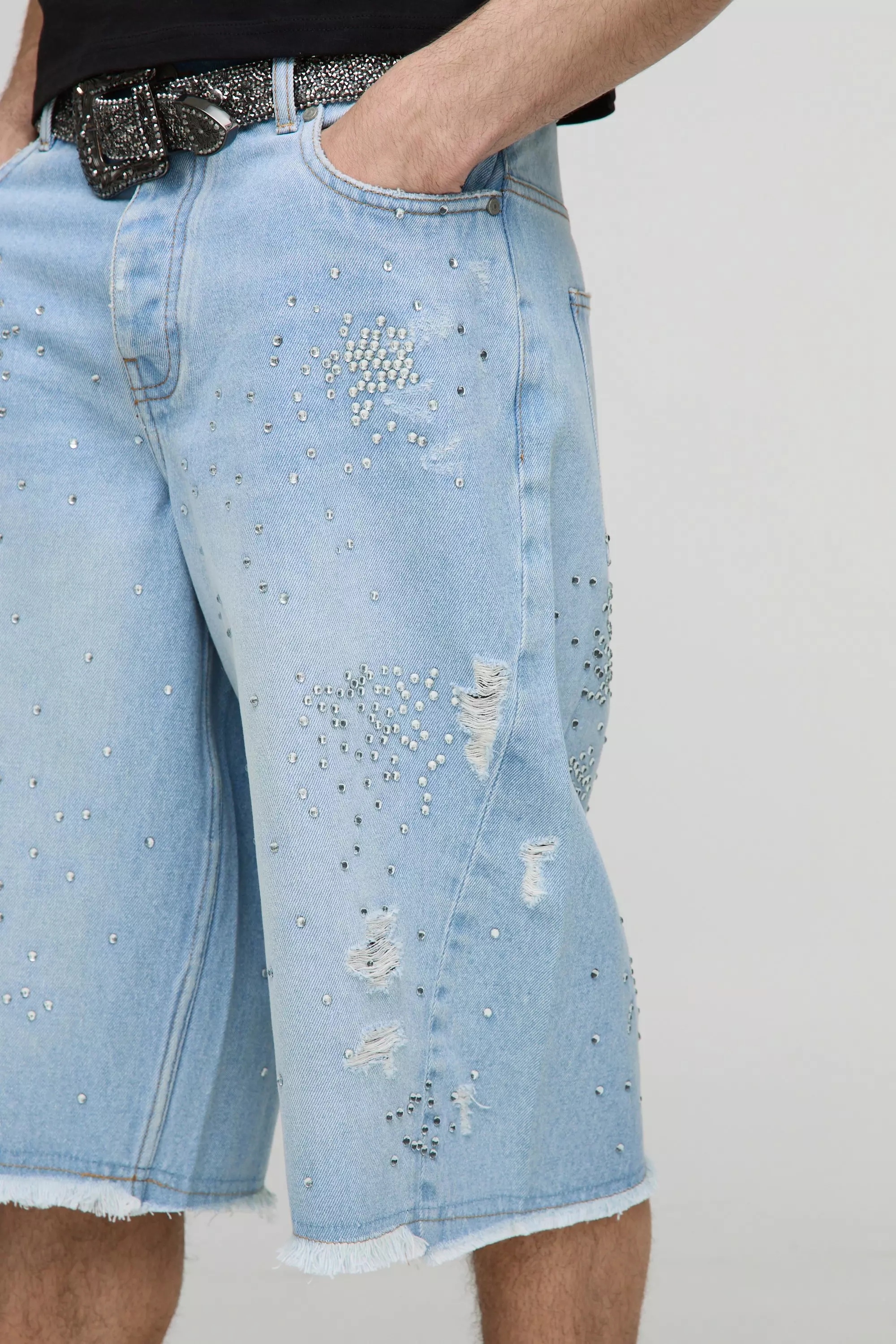Longline Distressed Embellished Rigid Jorts In Blue | boohooMAN