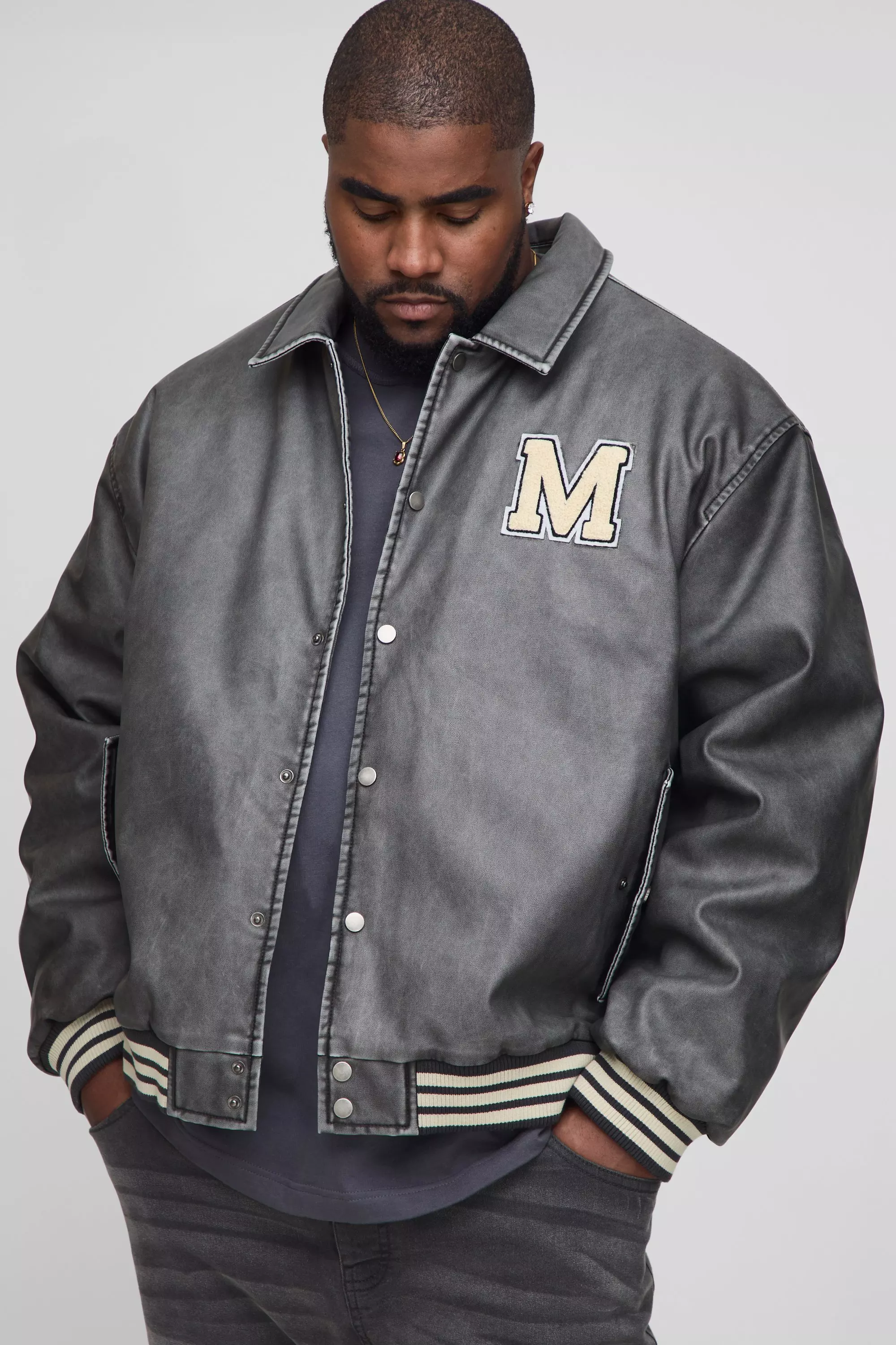 Plus Boxy Washed Pu Varsity Jacket In Grey | boohooMAN USA