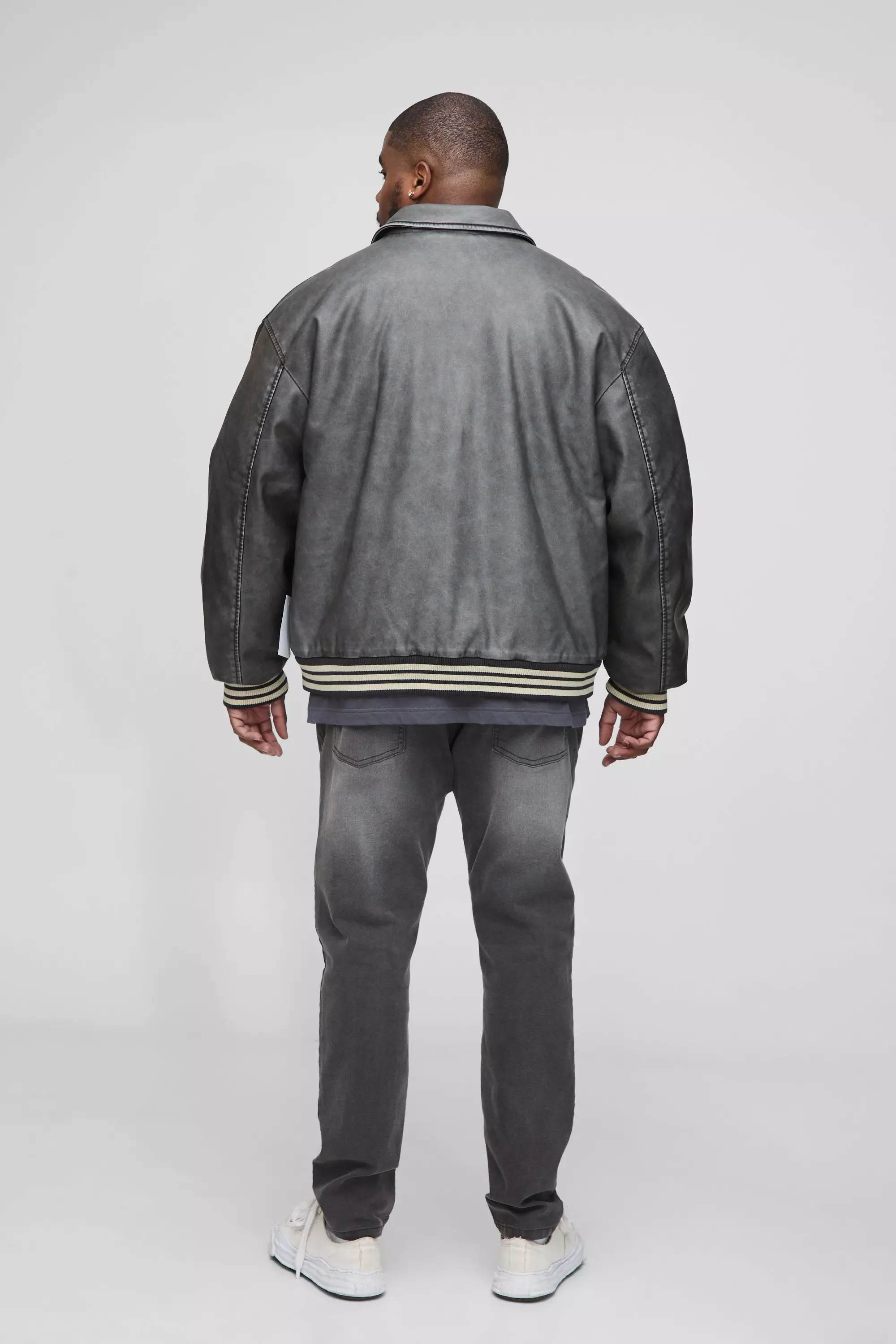 Plus Boxy Washed Pu Varsity Jacket In Grey | boohooMAN USA