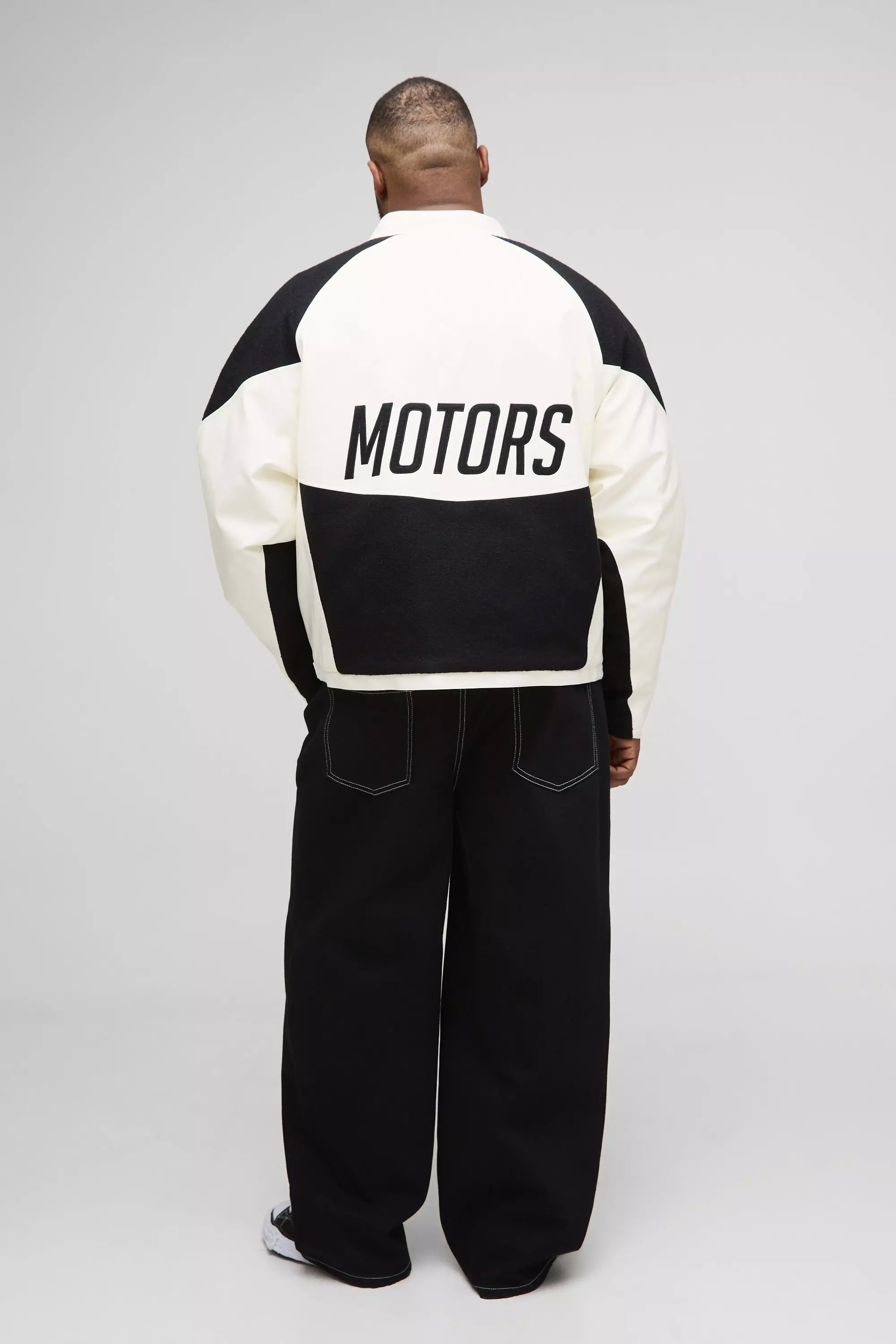 Plus Boxy Pu Contrast Boucle Panel Moto Jacket | boohooMAN USA
