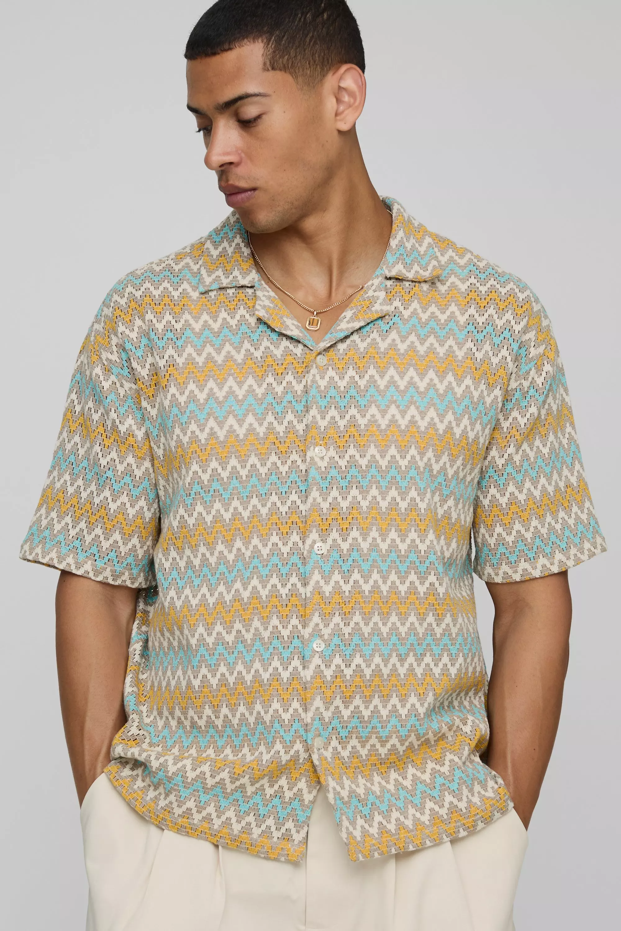 Oversized Open Weave Crochet Zig Zag Stripe Shirt Stone