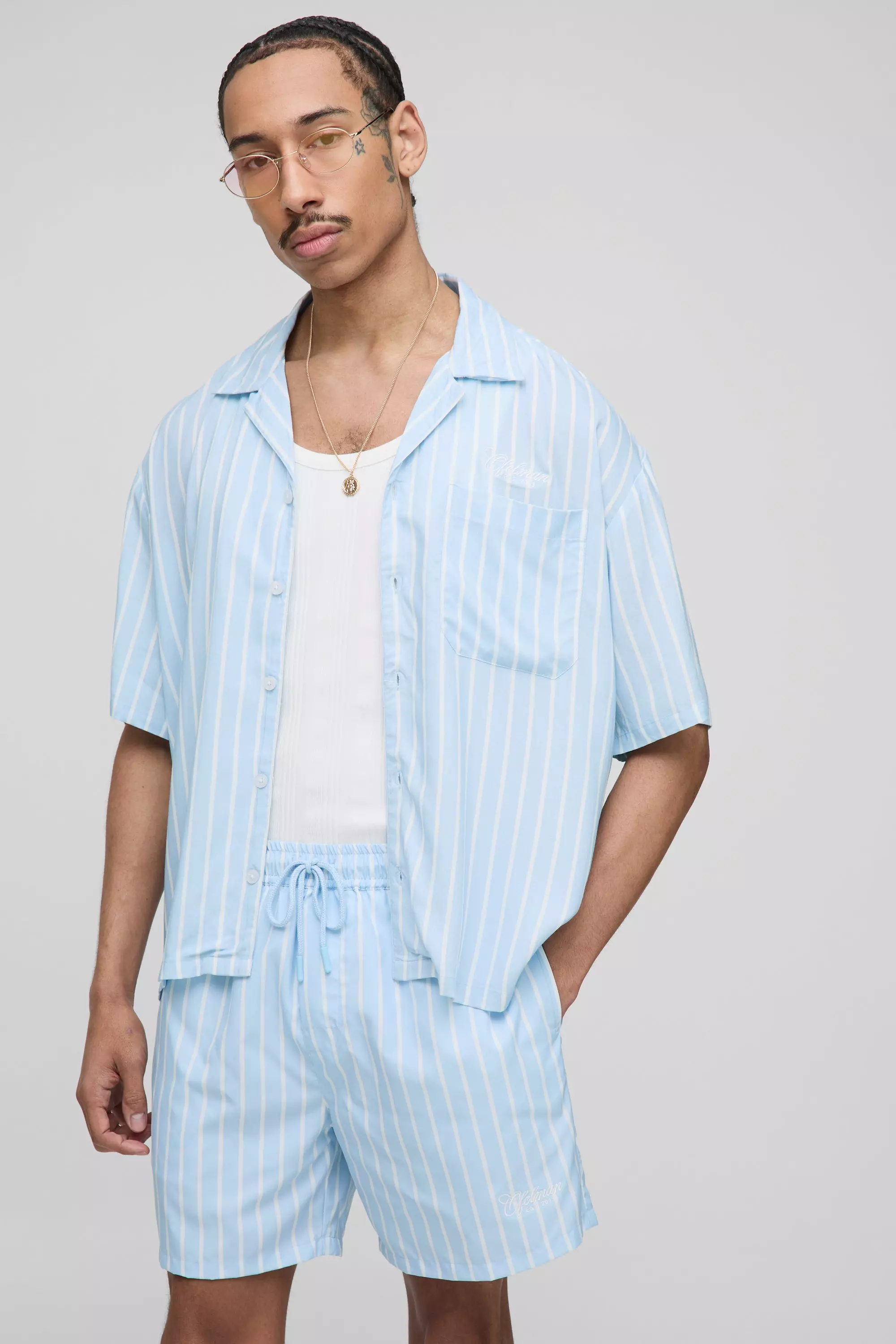 Oversized Boxy Fit Pinstripe Shirt and Swim Set | boohooMAN USA