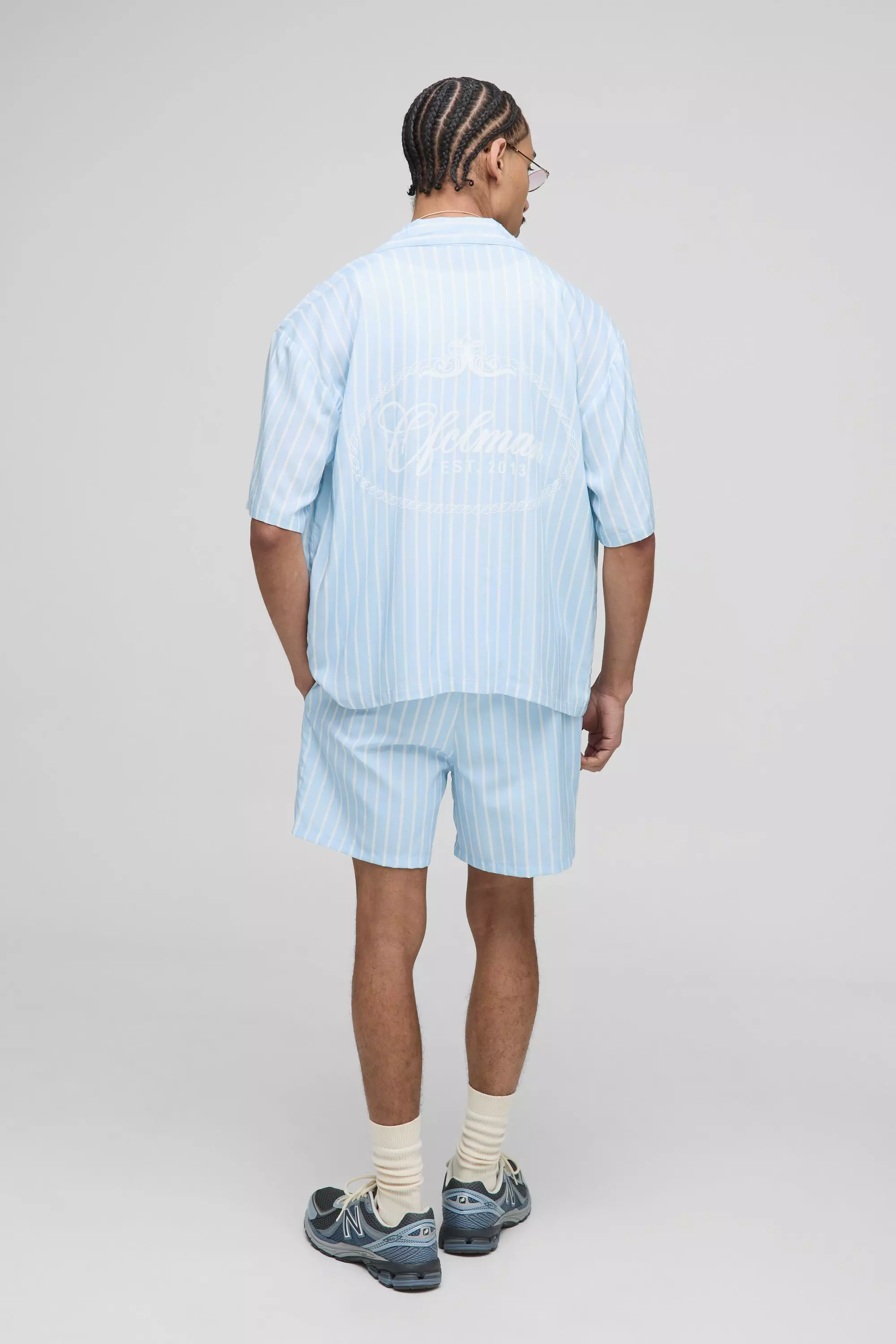 Oversized Boxy Fit Pinstripe Shirt and Swim Set | boohooMAN USA