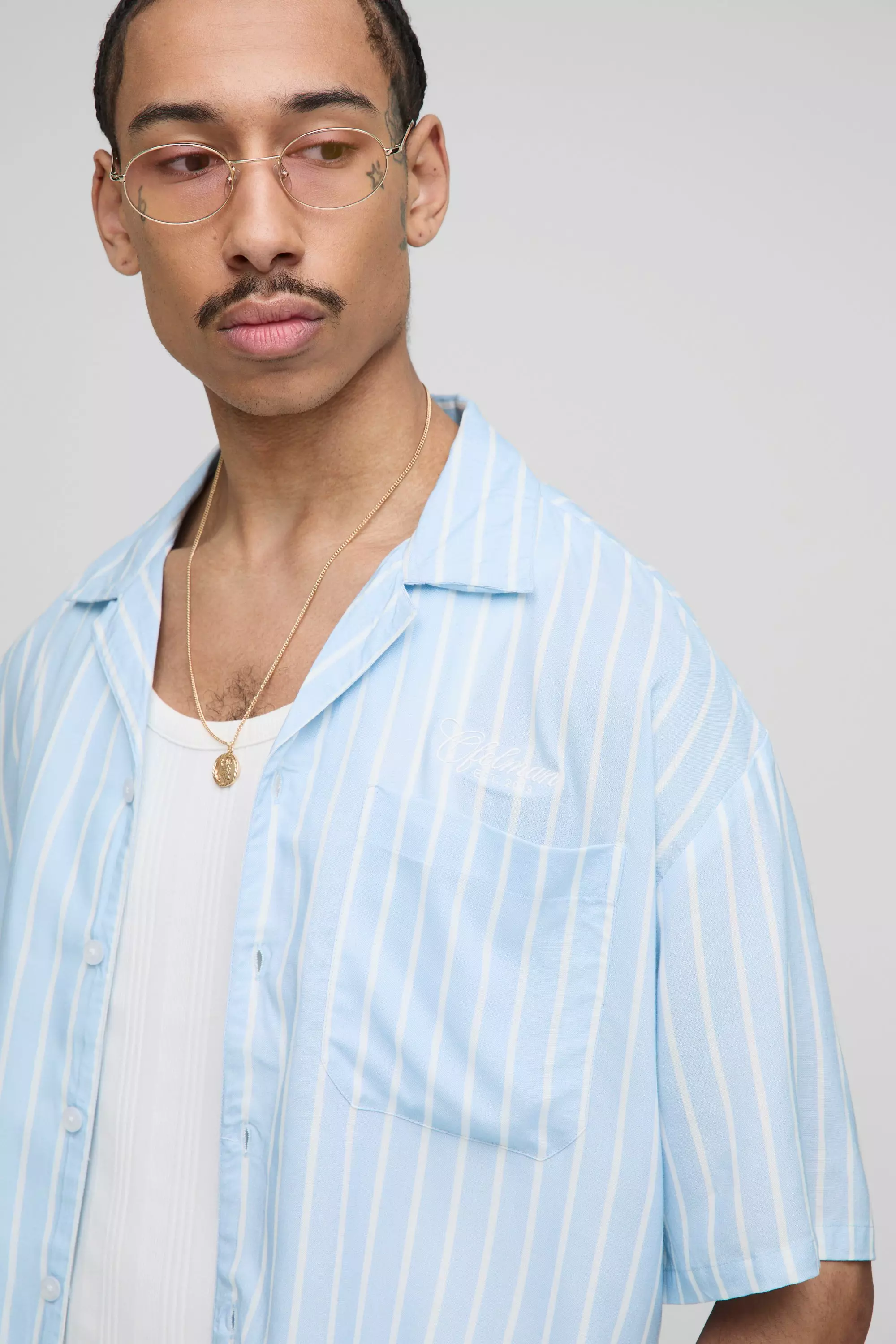 Oversized Boxy Fit Pinstripe Shirt and Swim Set | boohooMAN USA