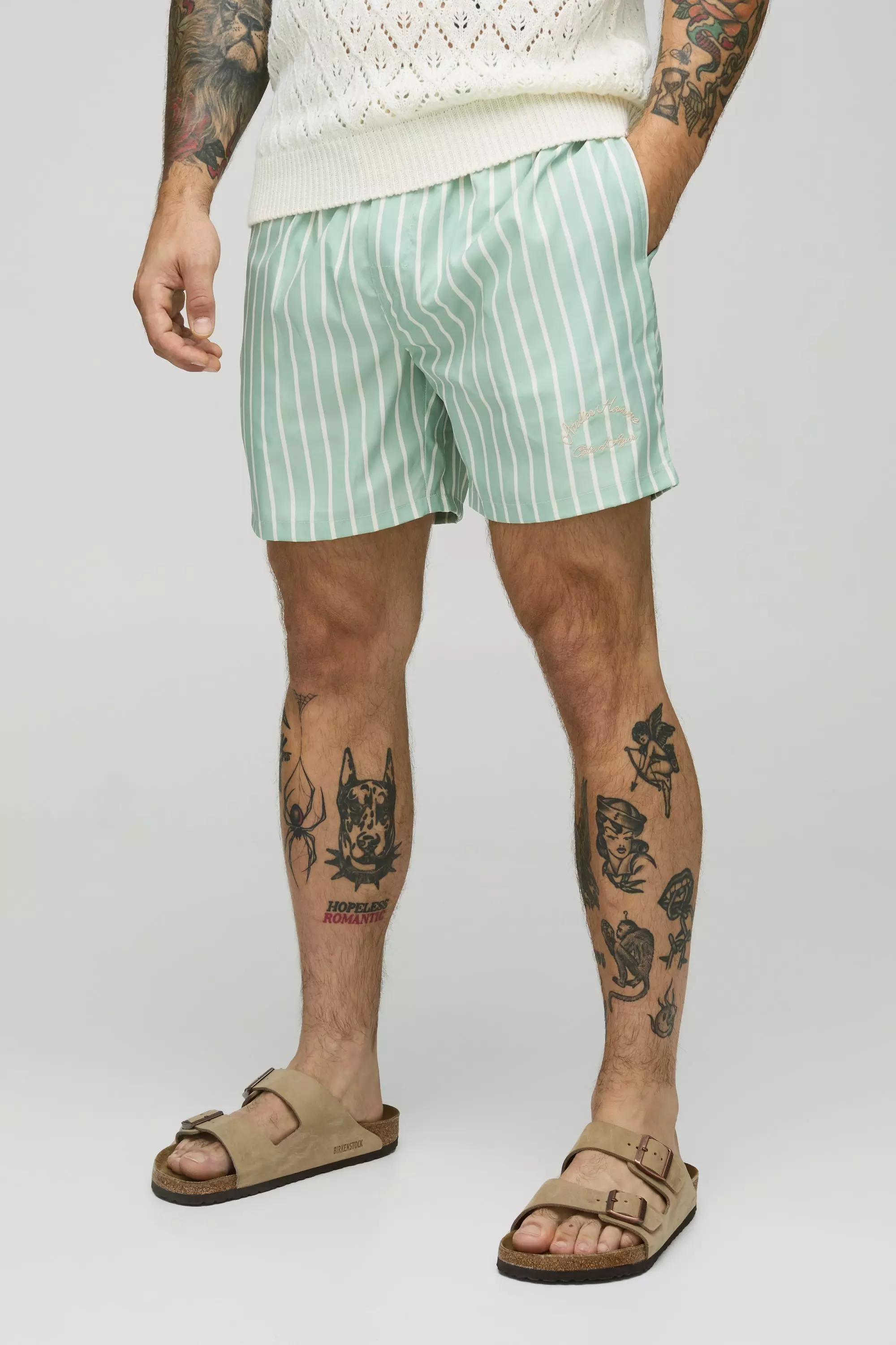 Branded Stripe Mid Length Swim Trunks | boohooMAN USA