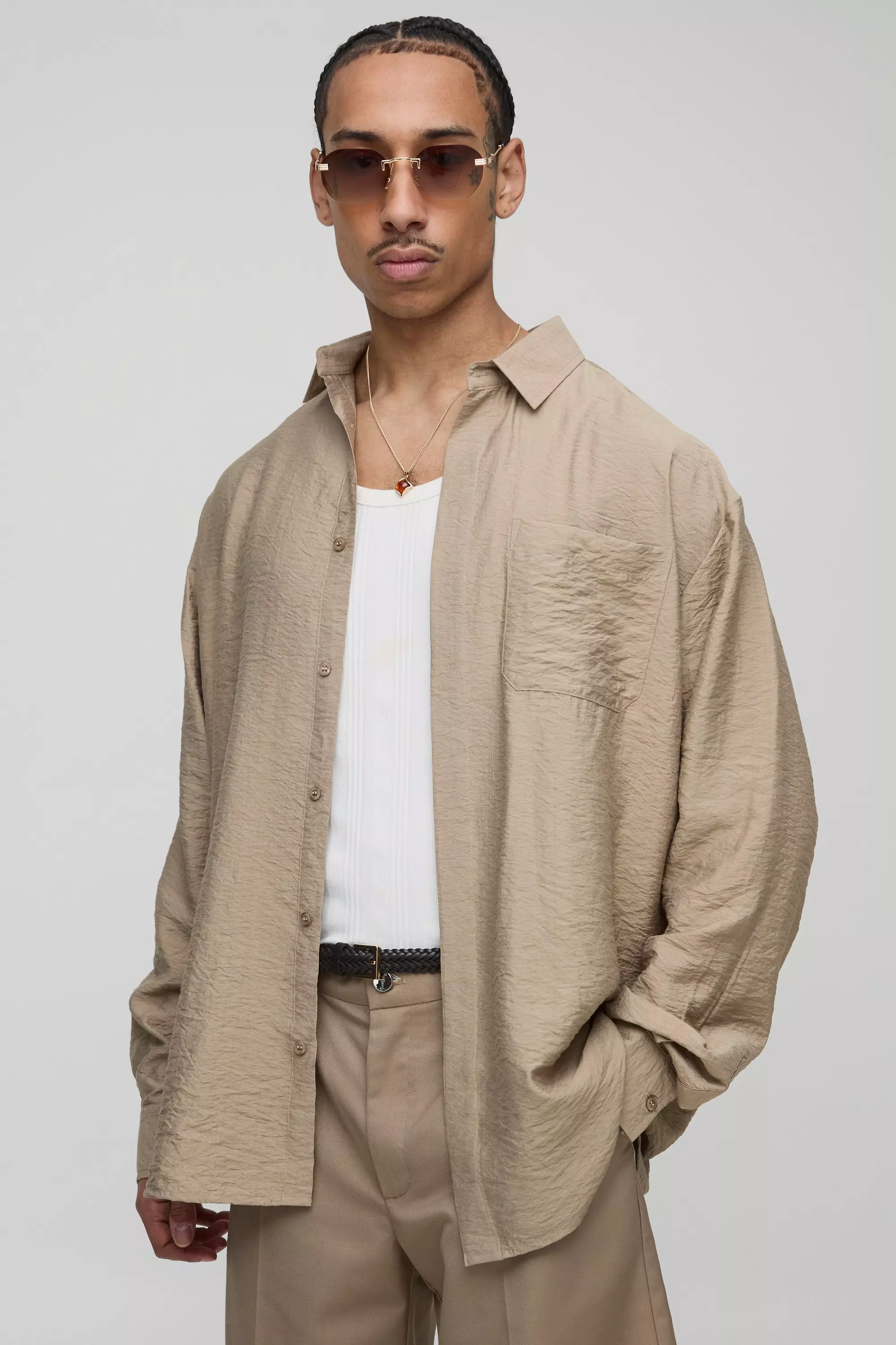 Oversized Crinkle Viscose Long Sleeve Shirt Taupe