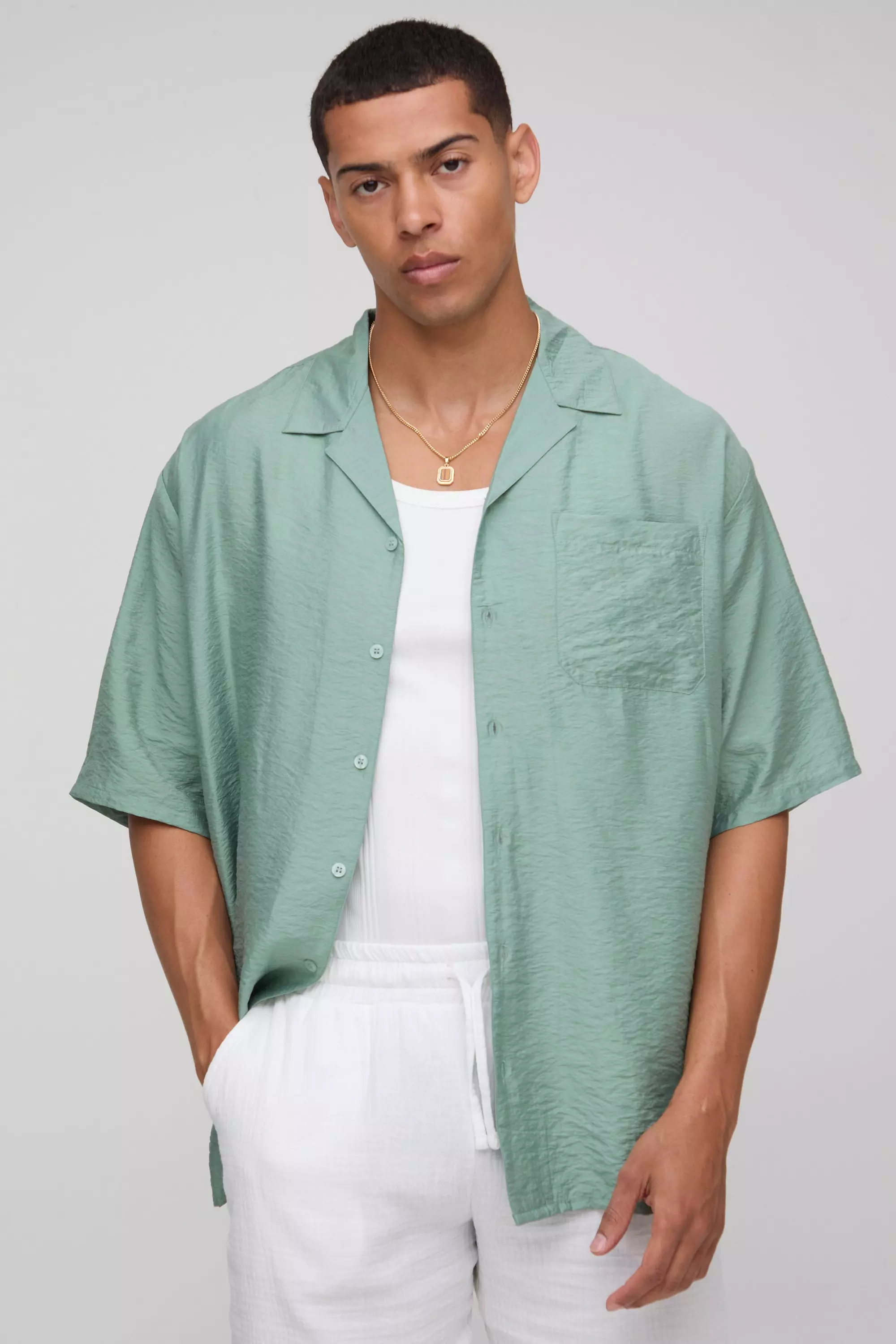 Oversized Half Sleeve Crinkle Viscose Shirt Sage