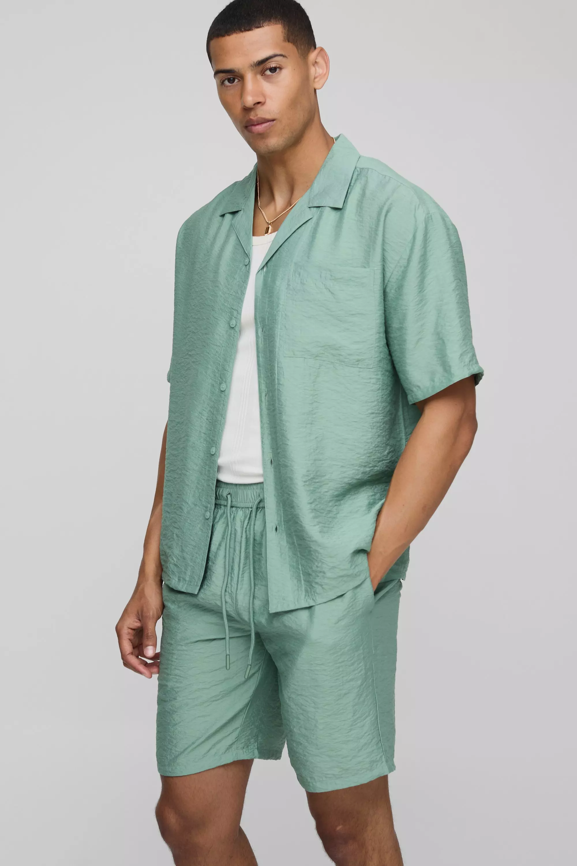 Oversized Crinkle Viscose Shirt & Relaxed Short Set Sage