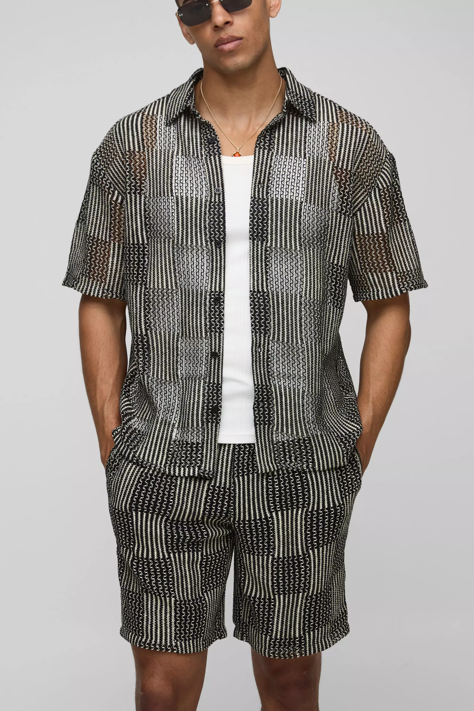 Oversized Open Weave Checkerboard Shirt & Relaxed Short Set Black