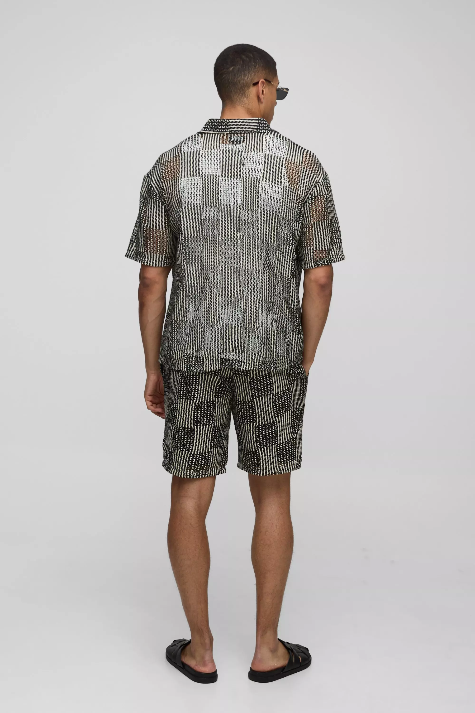Oversized Open Weave Checkerboard Shirt & Relaxed Short Set | boohooMAN USA