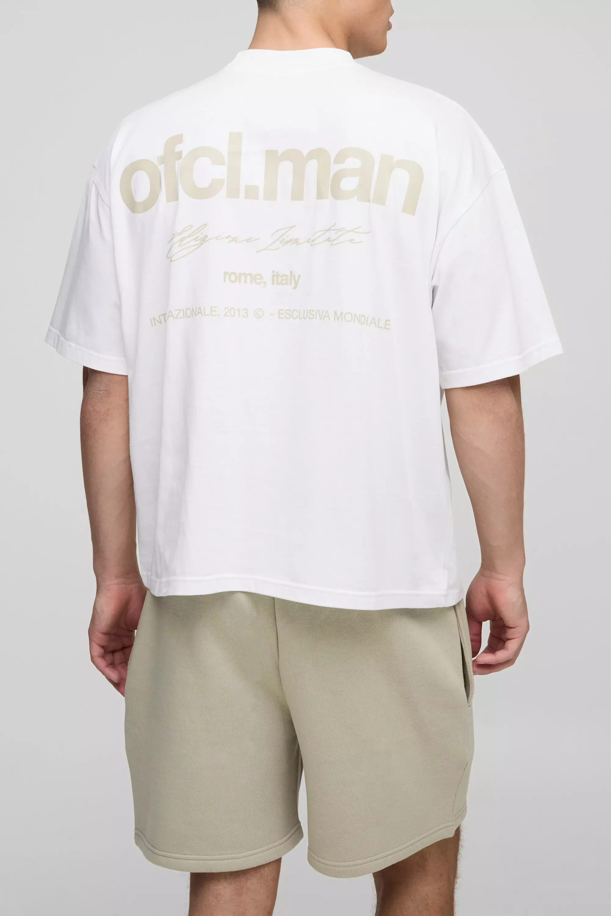 Oversized Boxy Extended Neck Ofcl Man T-Shirt and Short Set Light khaki