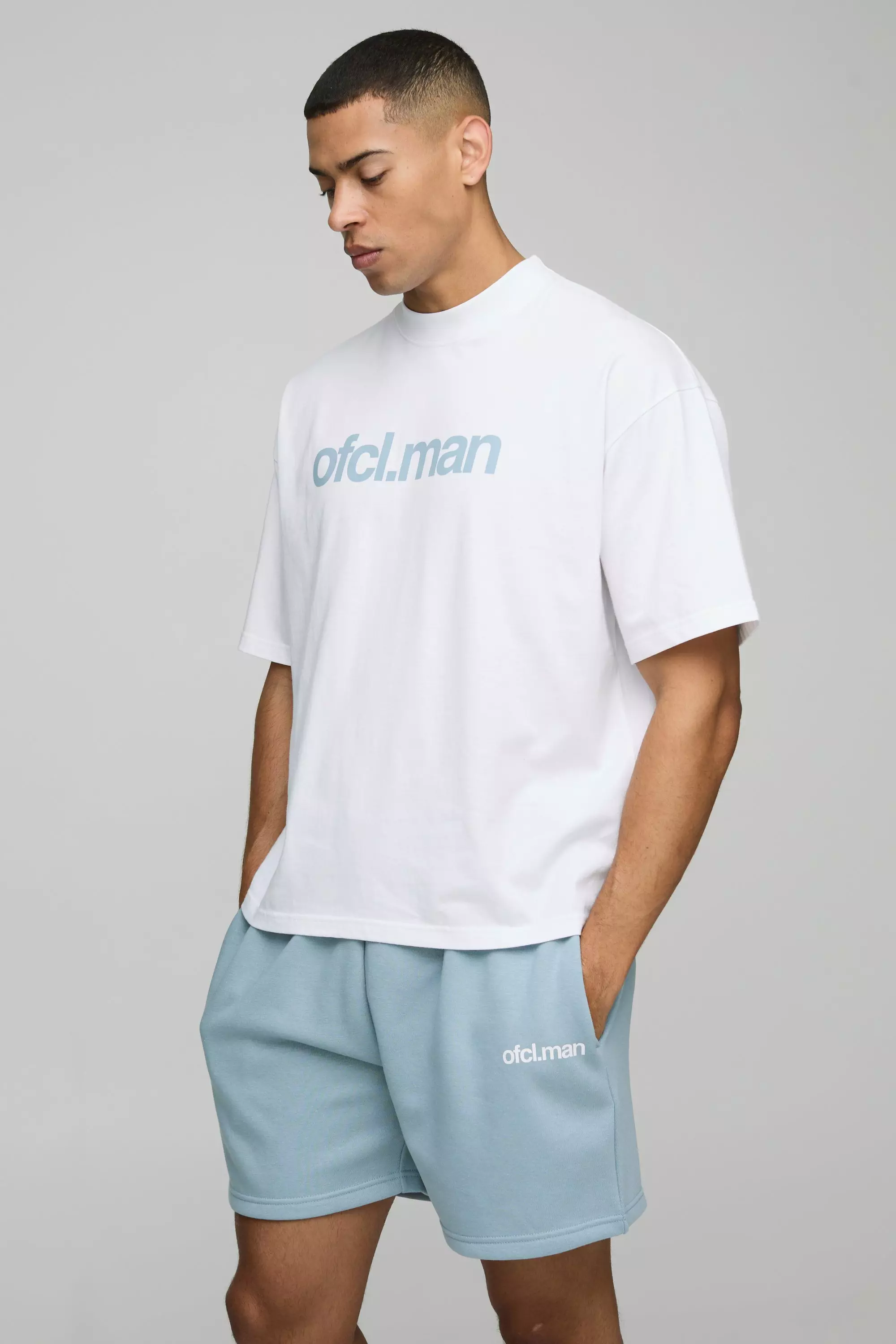 Oversized Boxy Extended Neck Ofcl Man T-Shirt and Short Set Sky blue