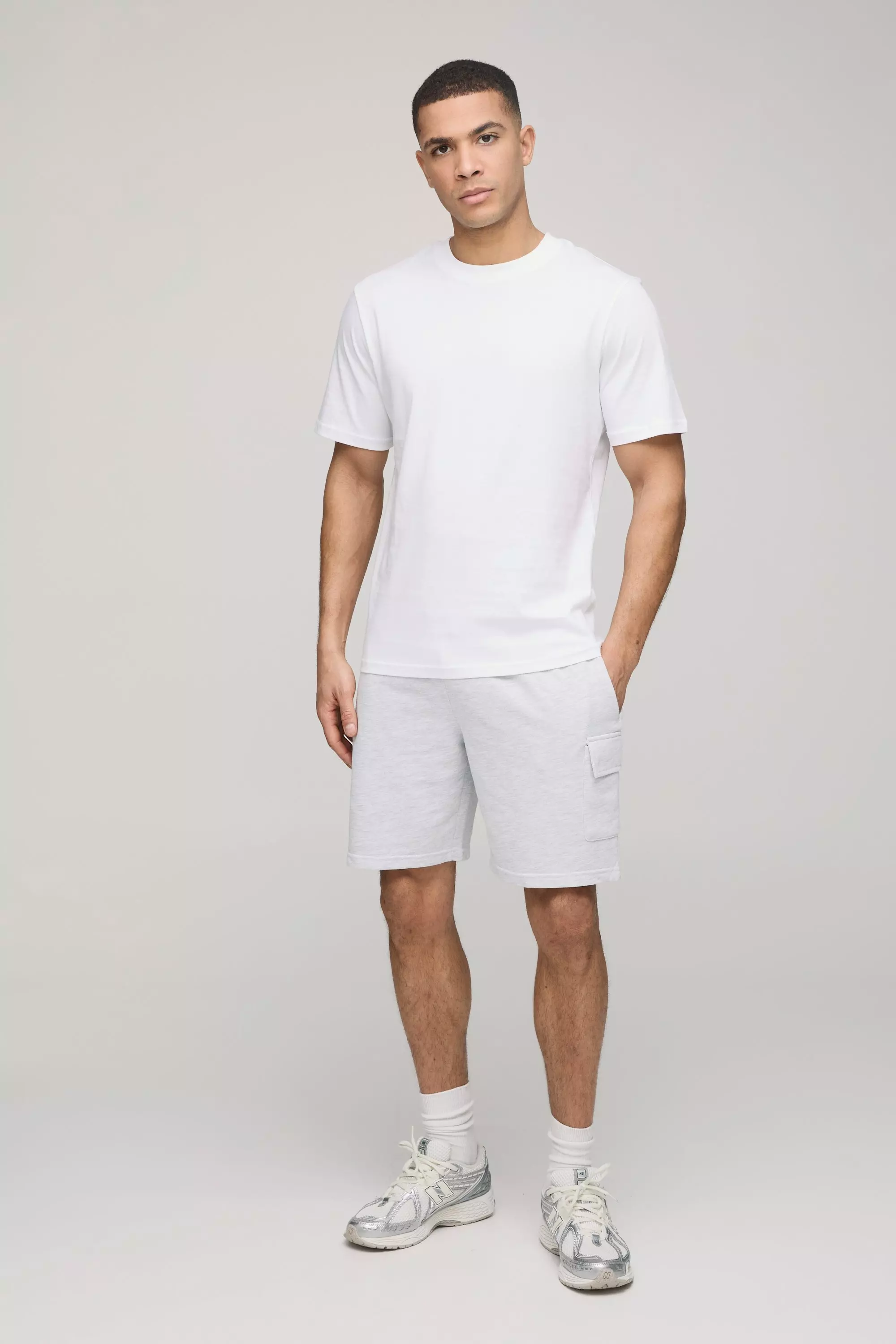 Regular Fit Basic Cargo T-Shirt and Short Set Grey marl