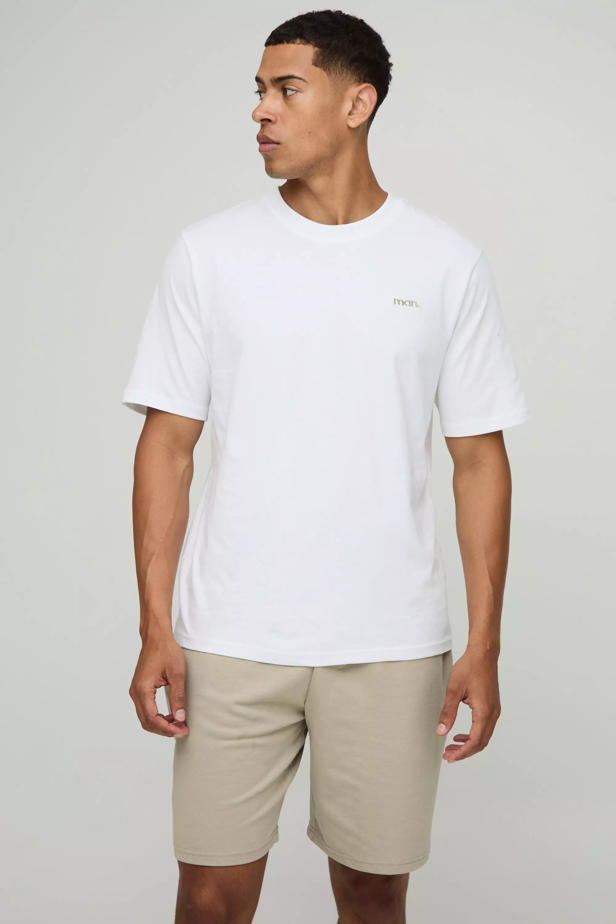 Regular Fit MAN. Embroidered T-Shirt and Short Set Light khaki