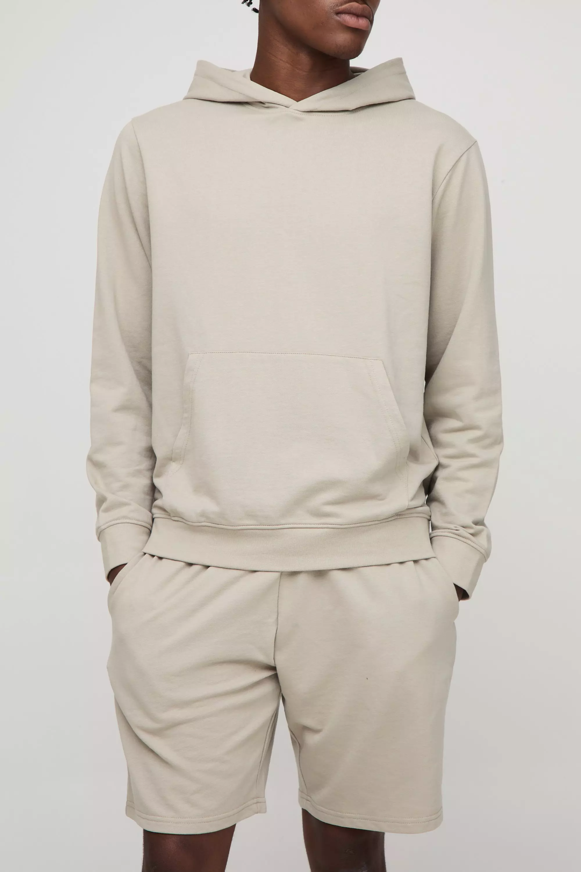 260GSM Loopback Basic Regular Fit Over The Head Hoodie and Relaxed Jersey Short Set Light khaki