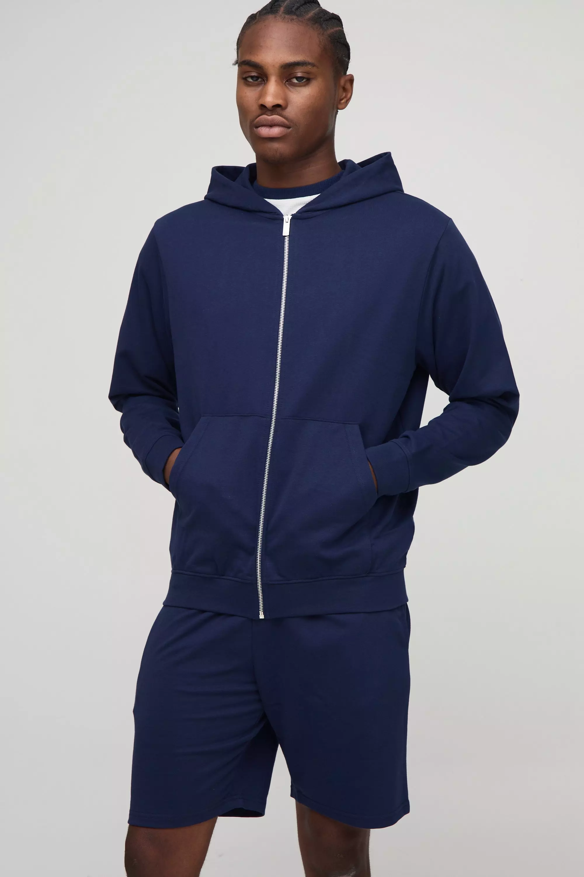 260GSM Loopback Basic Regular Fit Zip Through Hoodie and Relaxed Fit Short Set Navy
