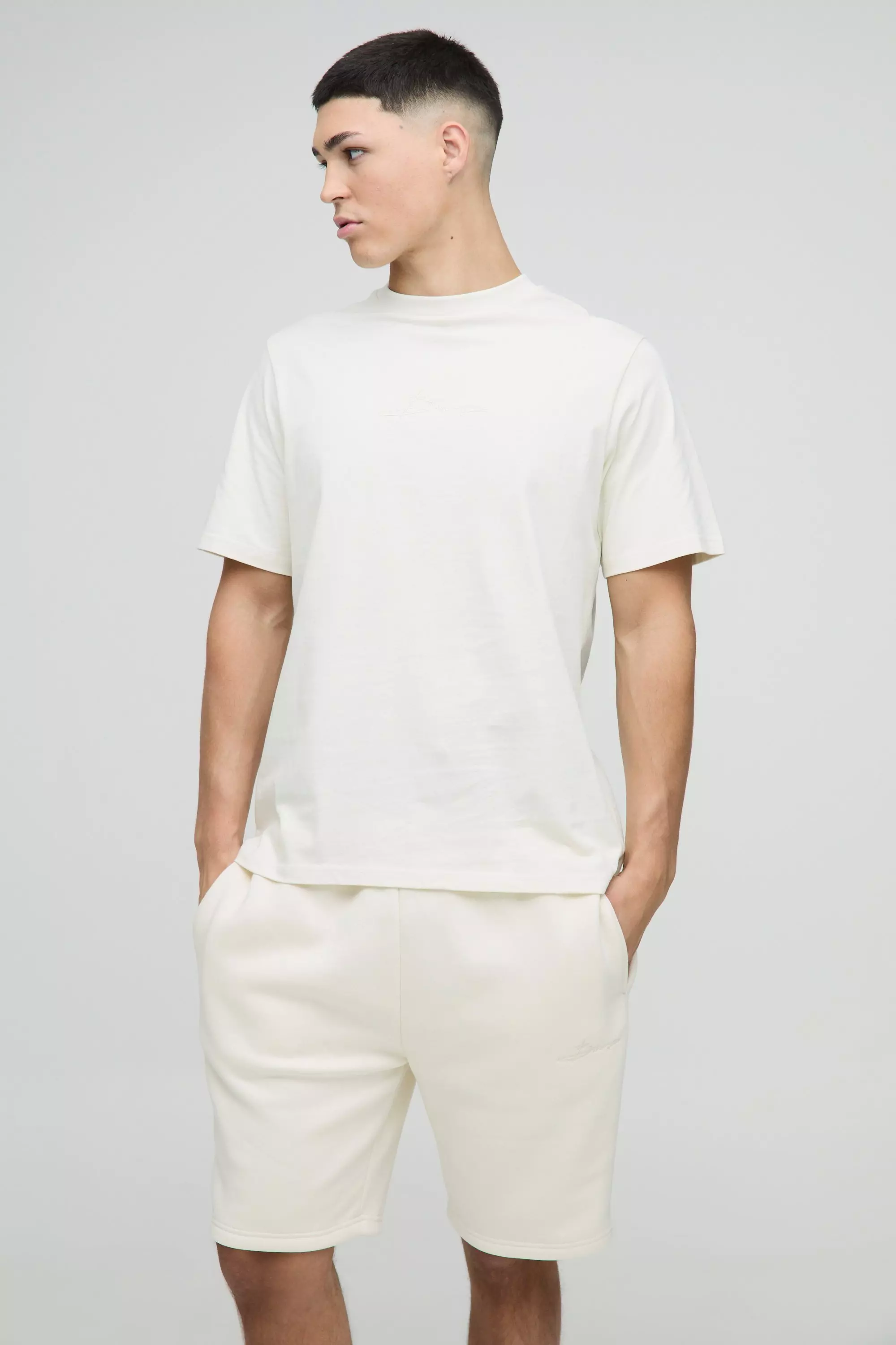 Regular Fit BM Signature T-Shirt & Short Set Ecru