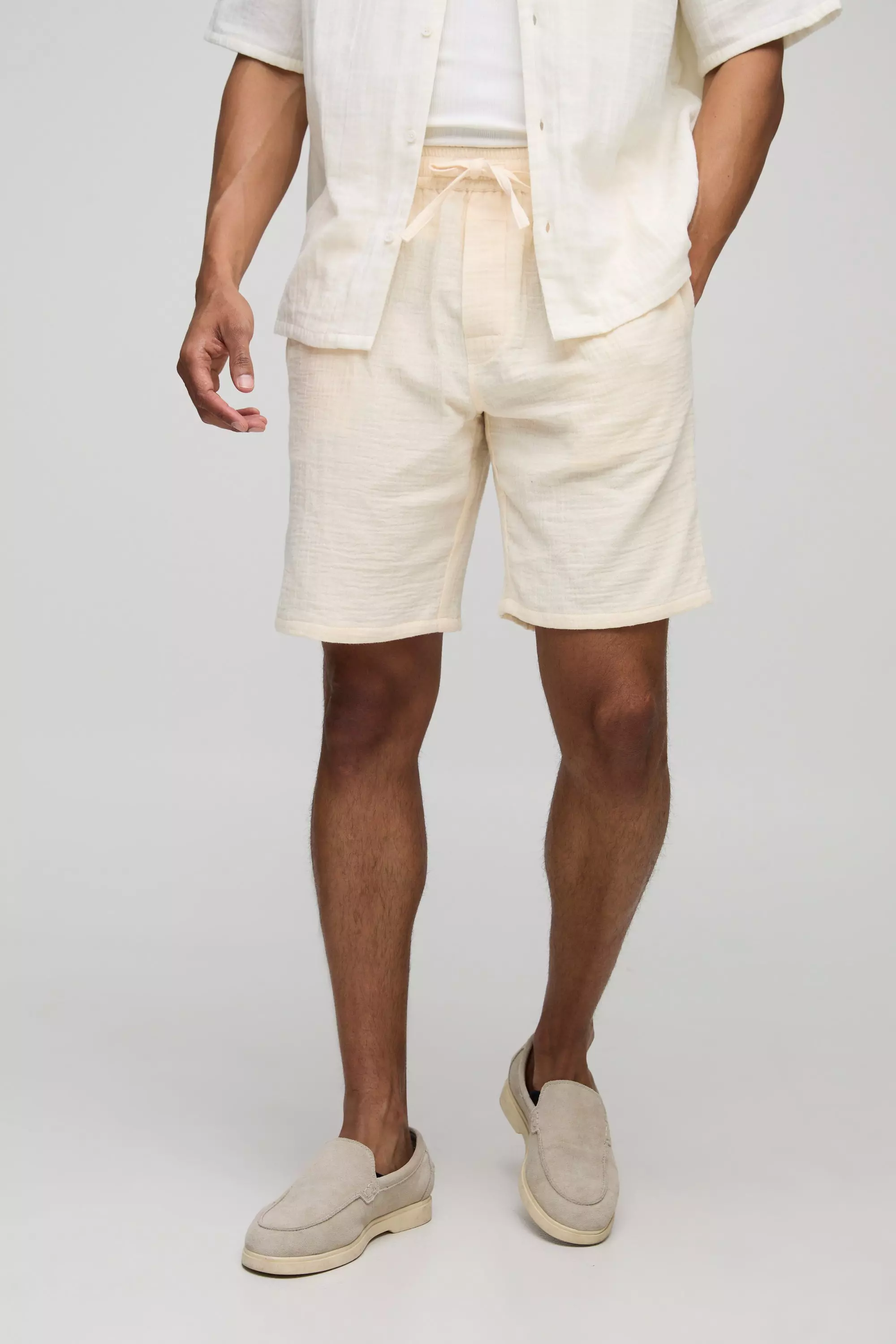 Elasticated Regular Fit Cheesecloth Shorts Ecru