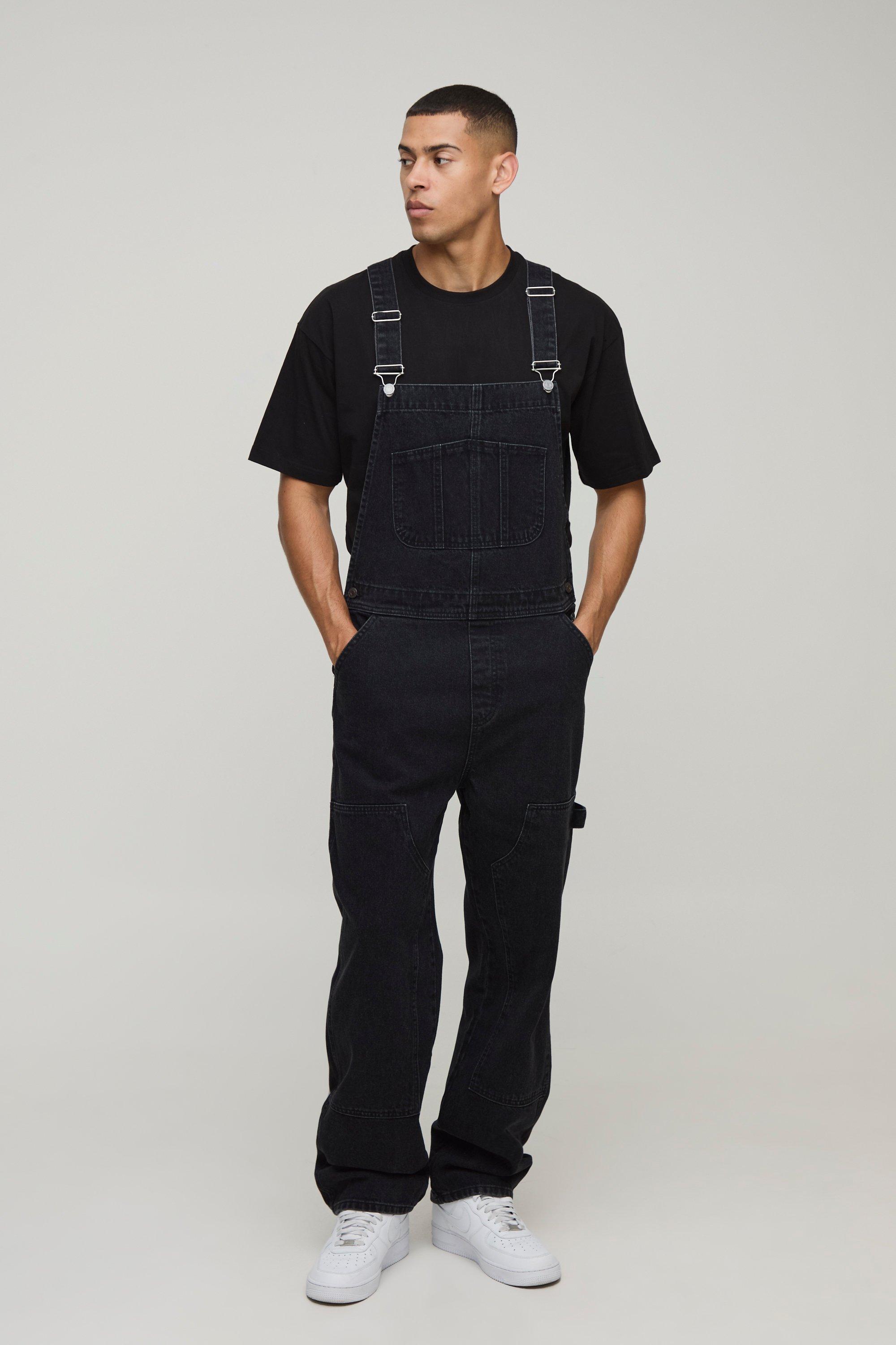 Relaxed Fit Black Carpenter Dungarees | boohooMAN USA