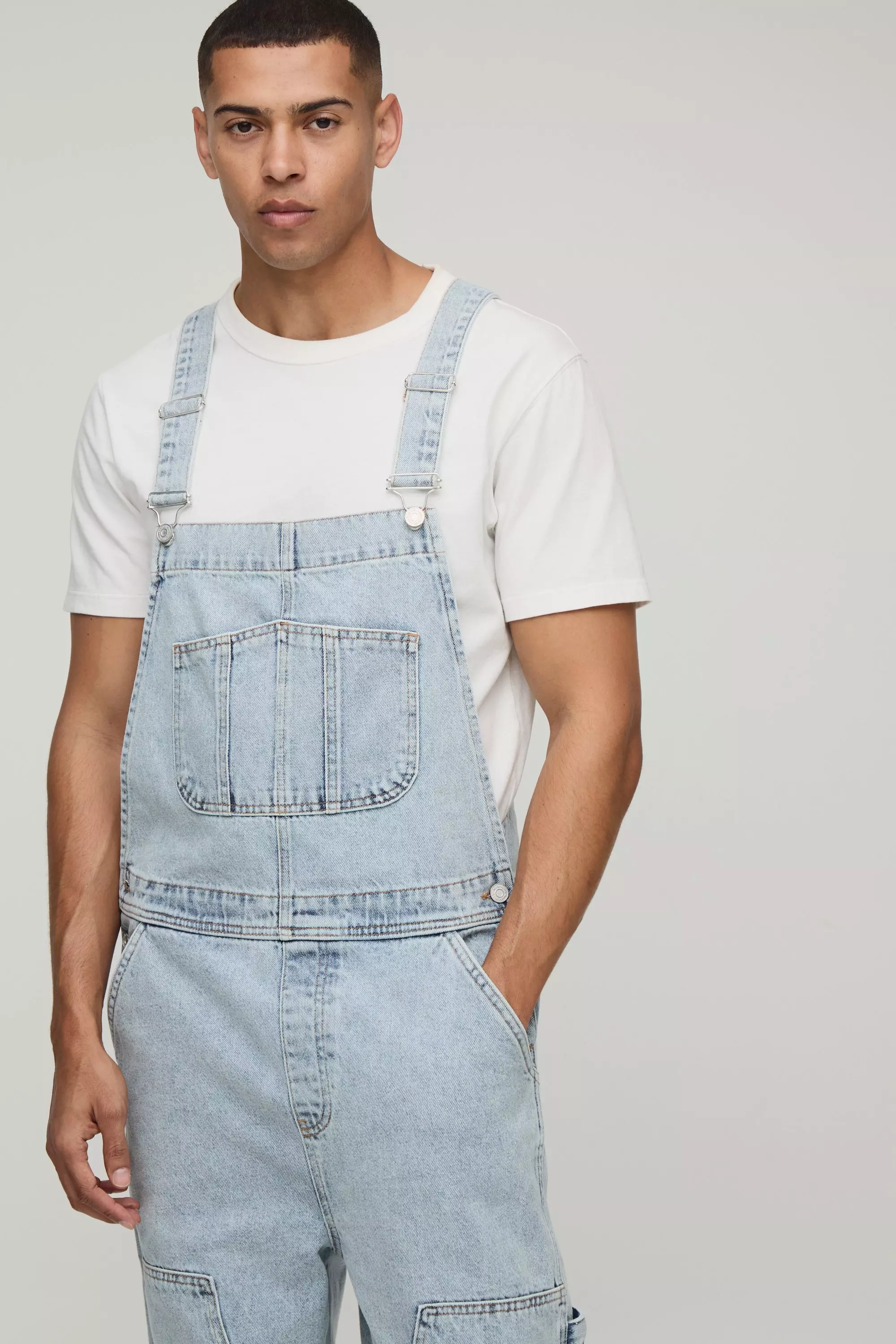 Relaxed Fit Washed Carpenter Dungarees | boohooMAN USA