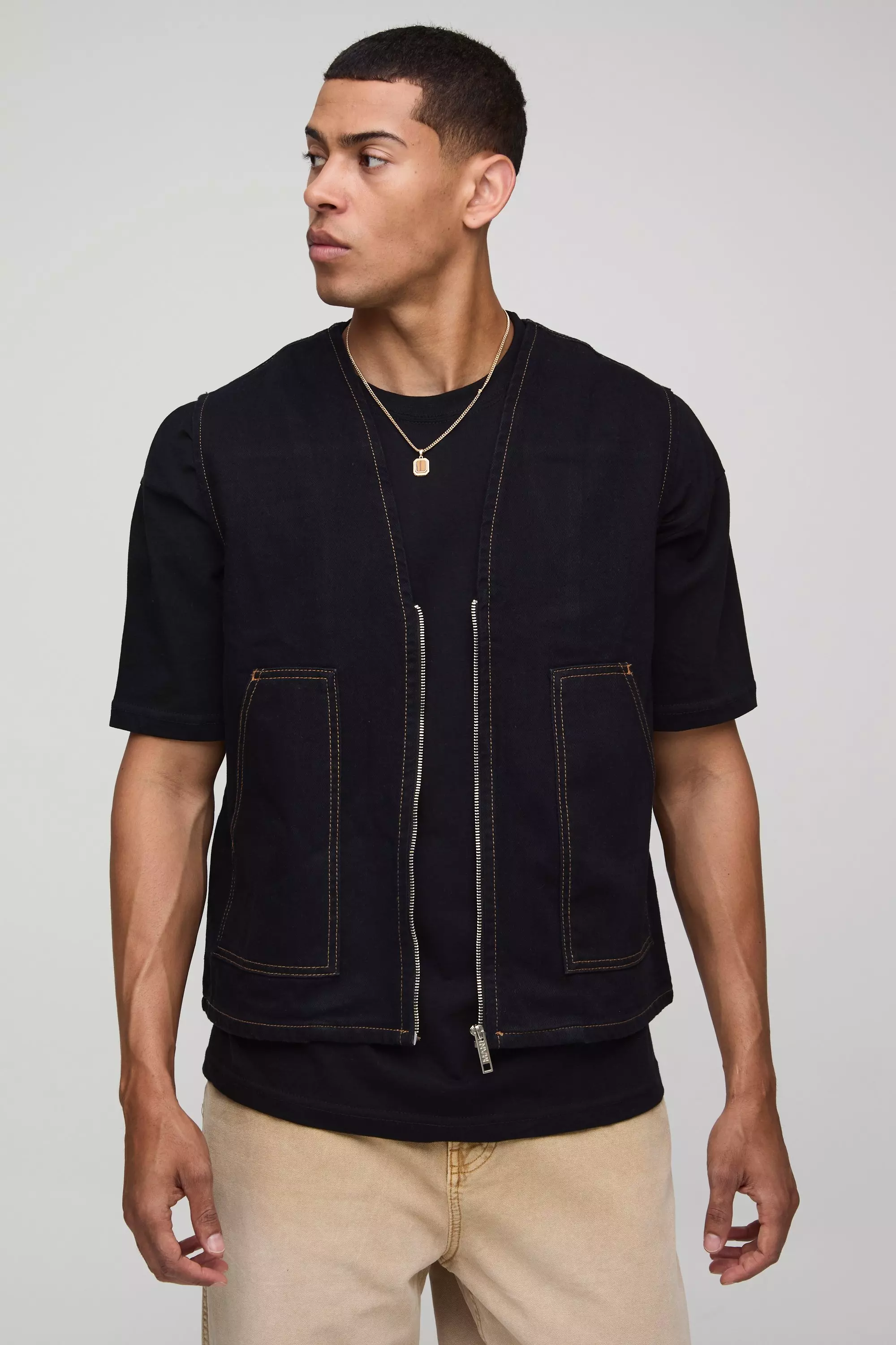 Denim Carpenter Contrast Stitch Vest Black