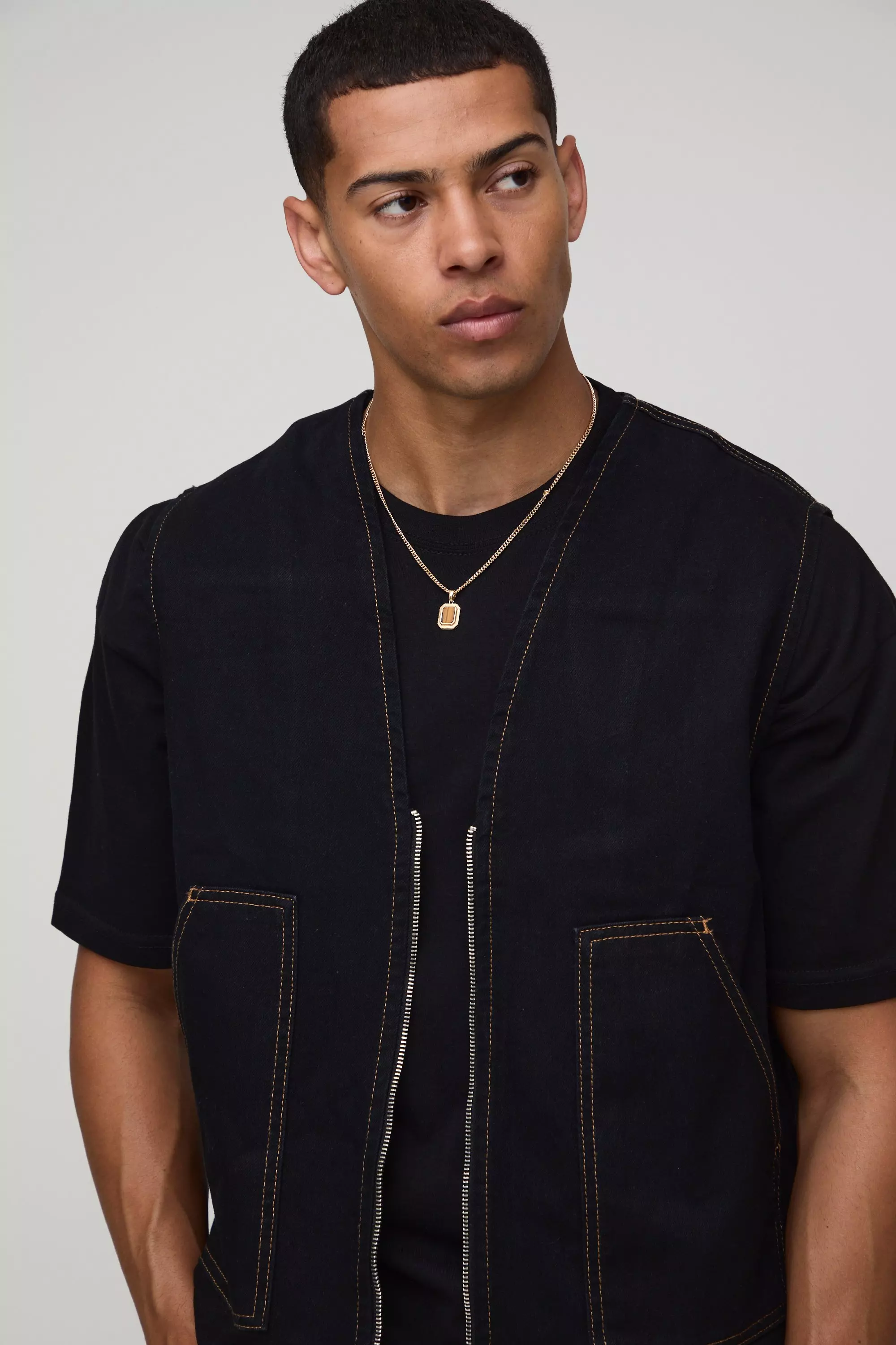 Denim Carpenter Contrast Stitch Vest | boohooMAN USA