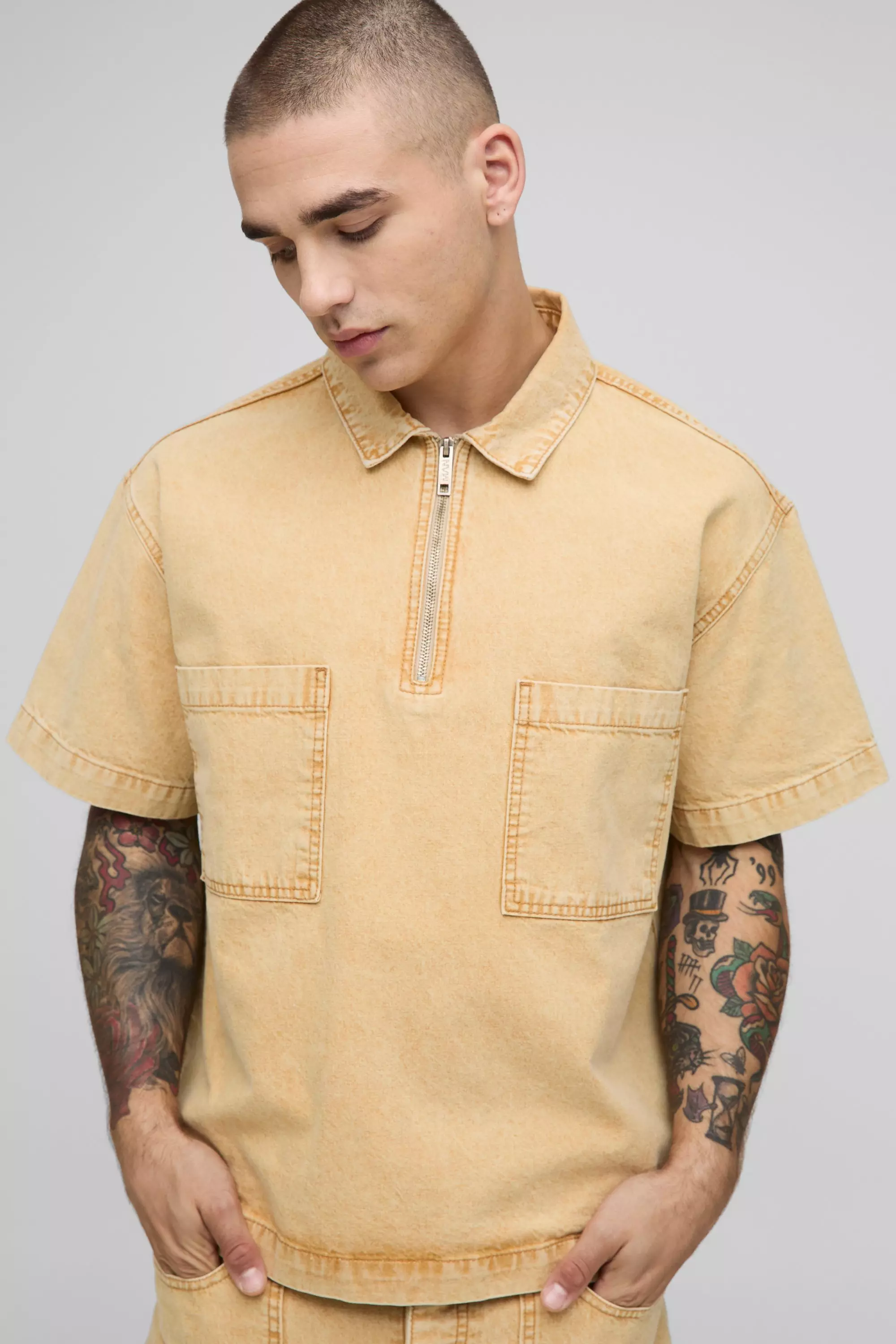 Boxy Short Sleeve 1/4 Zip Tinted Denim Shirt Tan