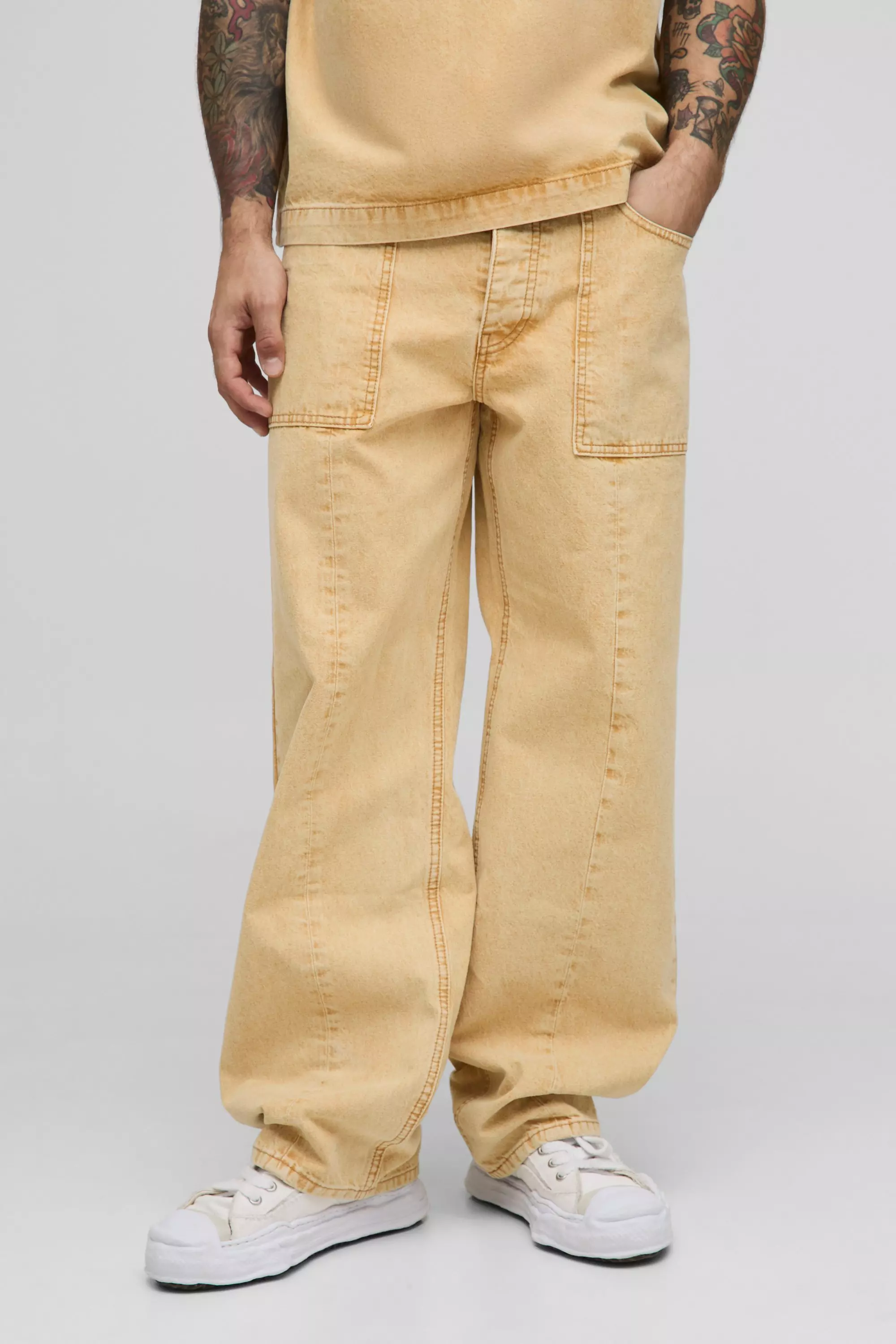 Tan Brown Relaxed Fit Tinted Panelled Jeans