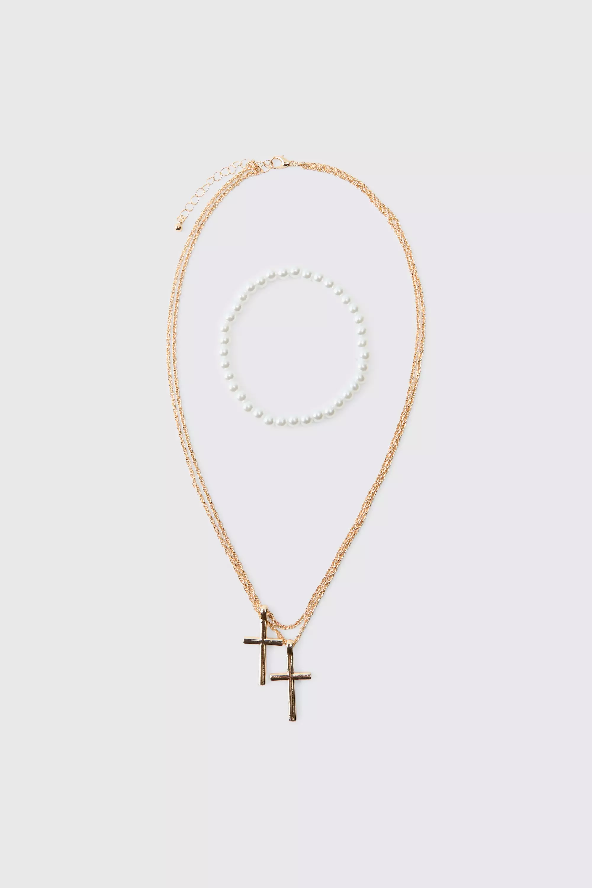 Gold Dubbele Ketting Met Kruis En Parel Armband Set alternatieve afbeelding