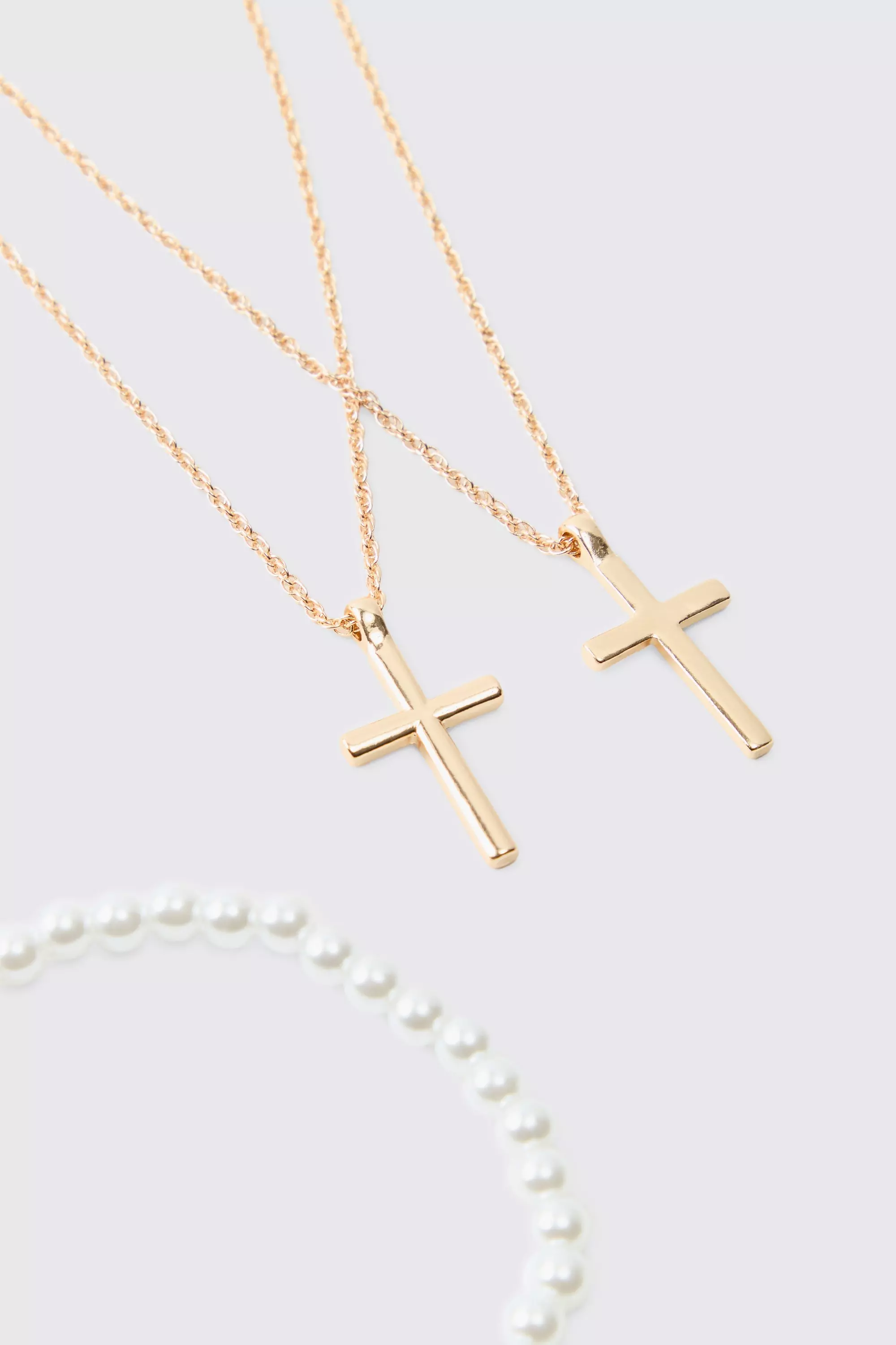 Gold Dubbele Ketting Met Kruis En Parel Armband Set alternatieve afbeelding