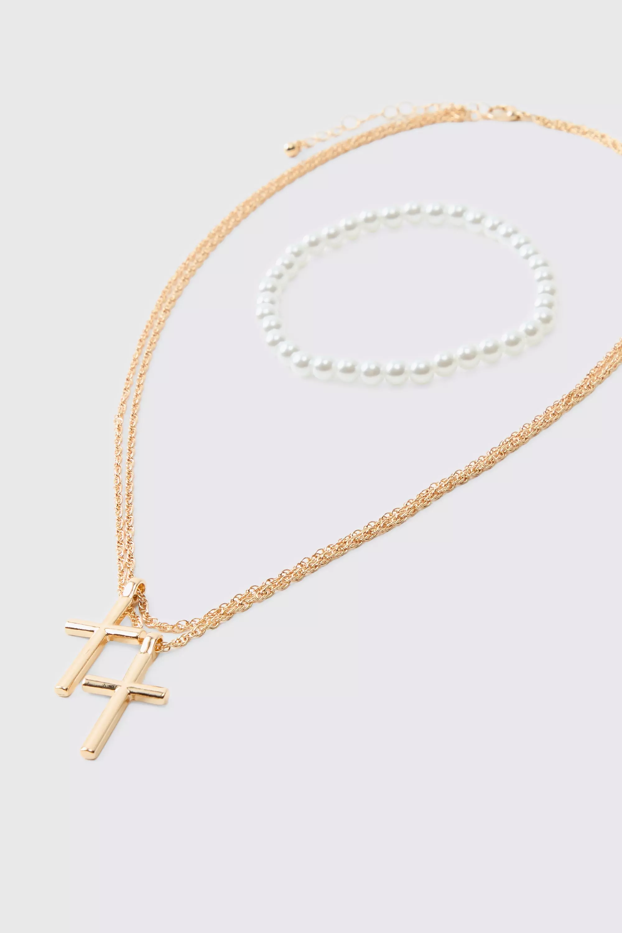 Gold Dubbele Ketting Met Kruis En Parel Armband Set alternatieve afbeelding