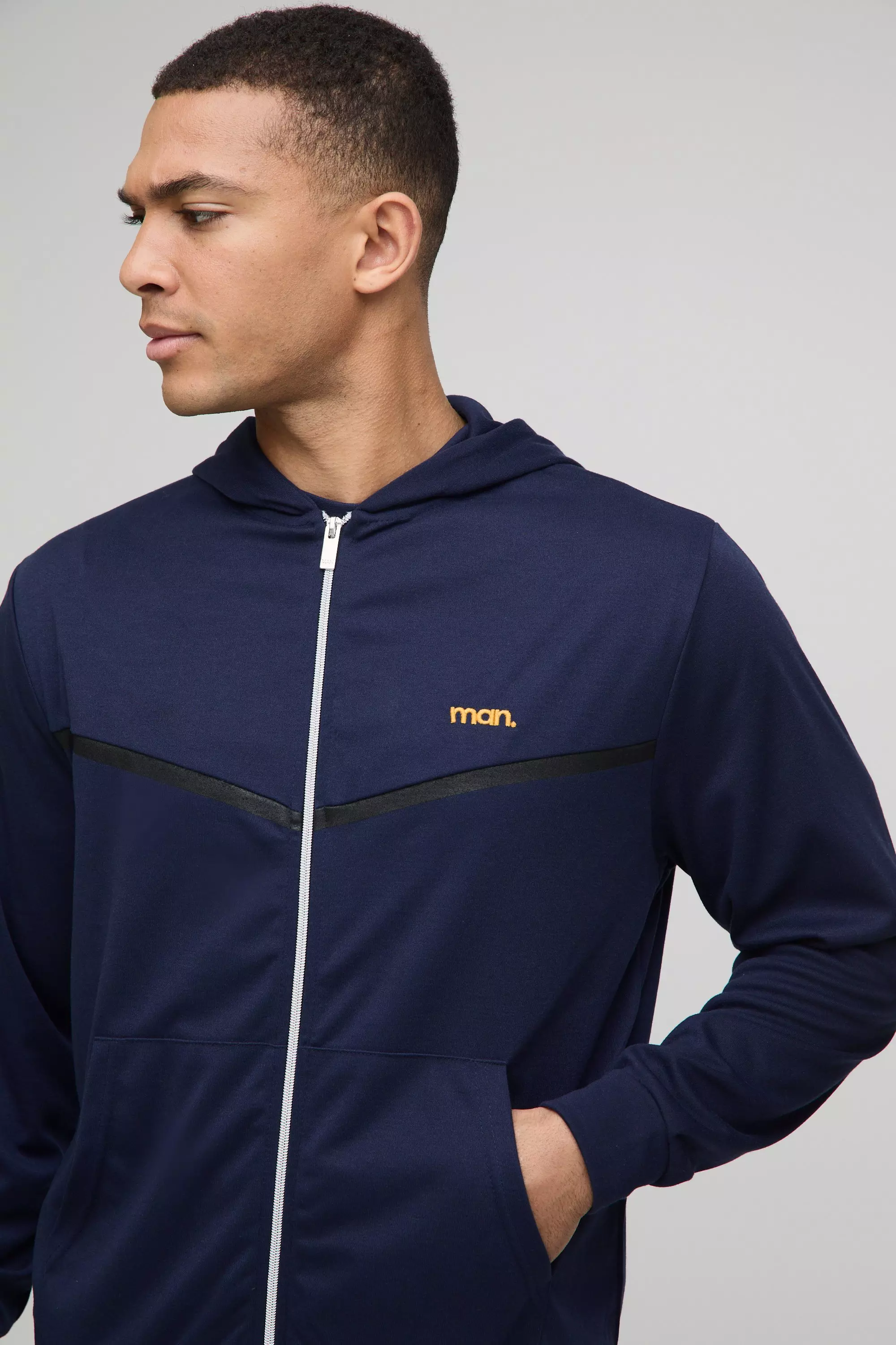 Regular Fit Man Interlock Panelled Hooded Zip Through Tracksuit | boohooMAN USA