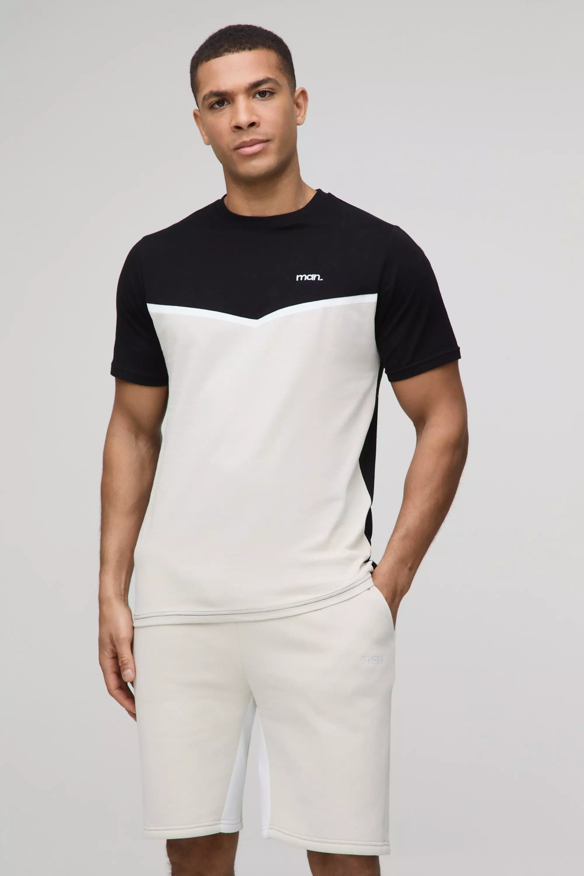 Black Slim Fit Man Colour Block T-Shirt and Short Set alternative image