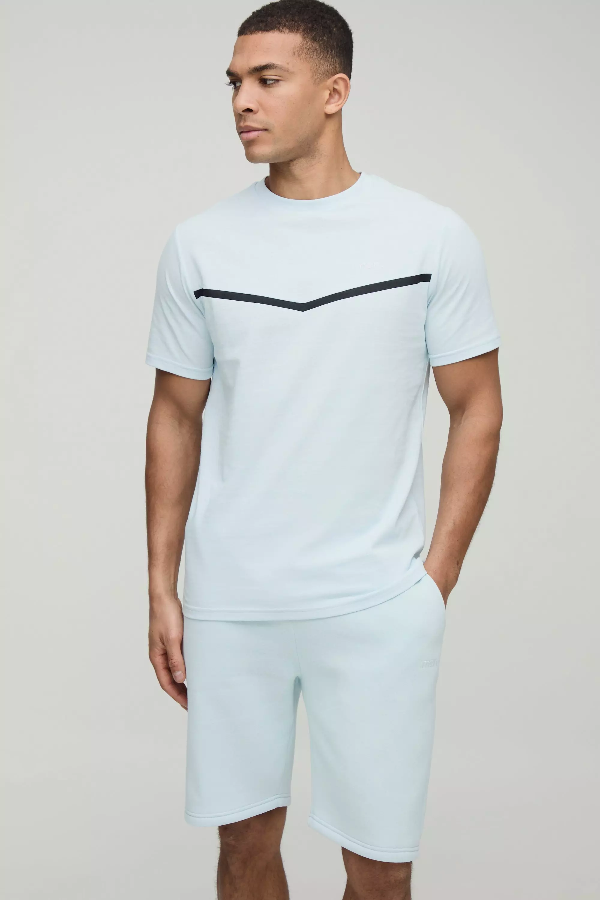 Light blue Slim Fit Man Panelled T-Shirt and Short Set alternative image