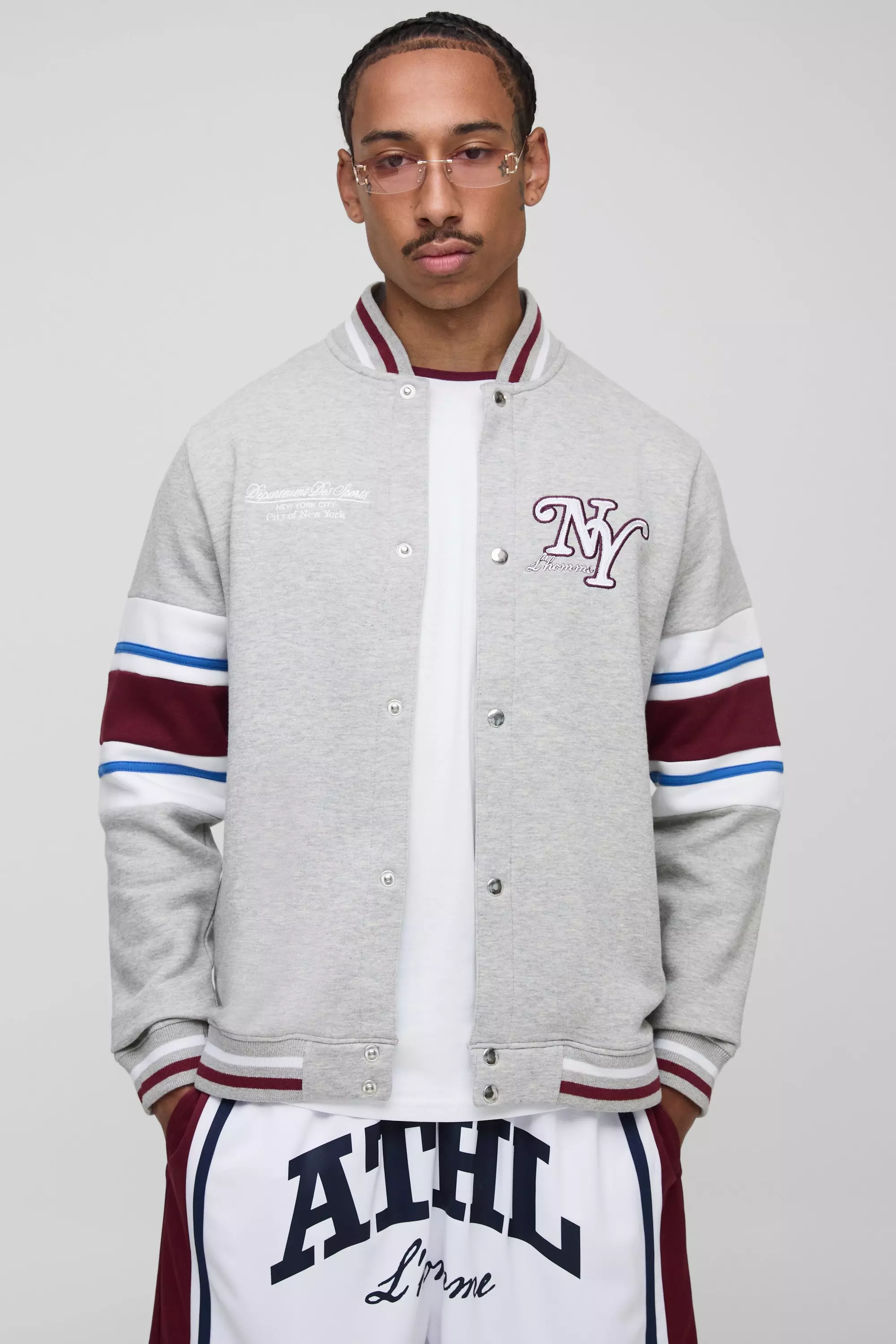 Regular Fit NY Hooded Jersey Varsity Jacket Grey marl