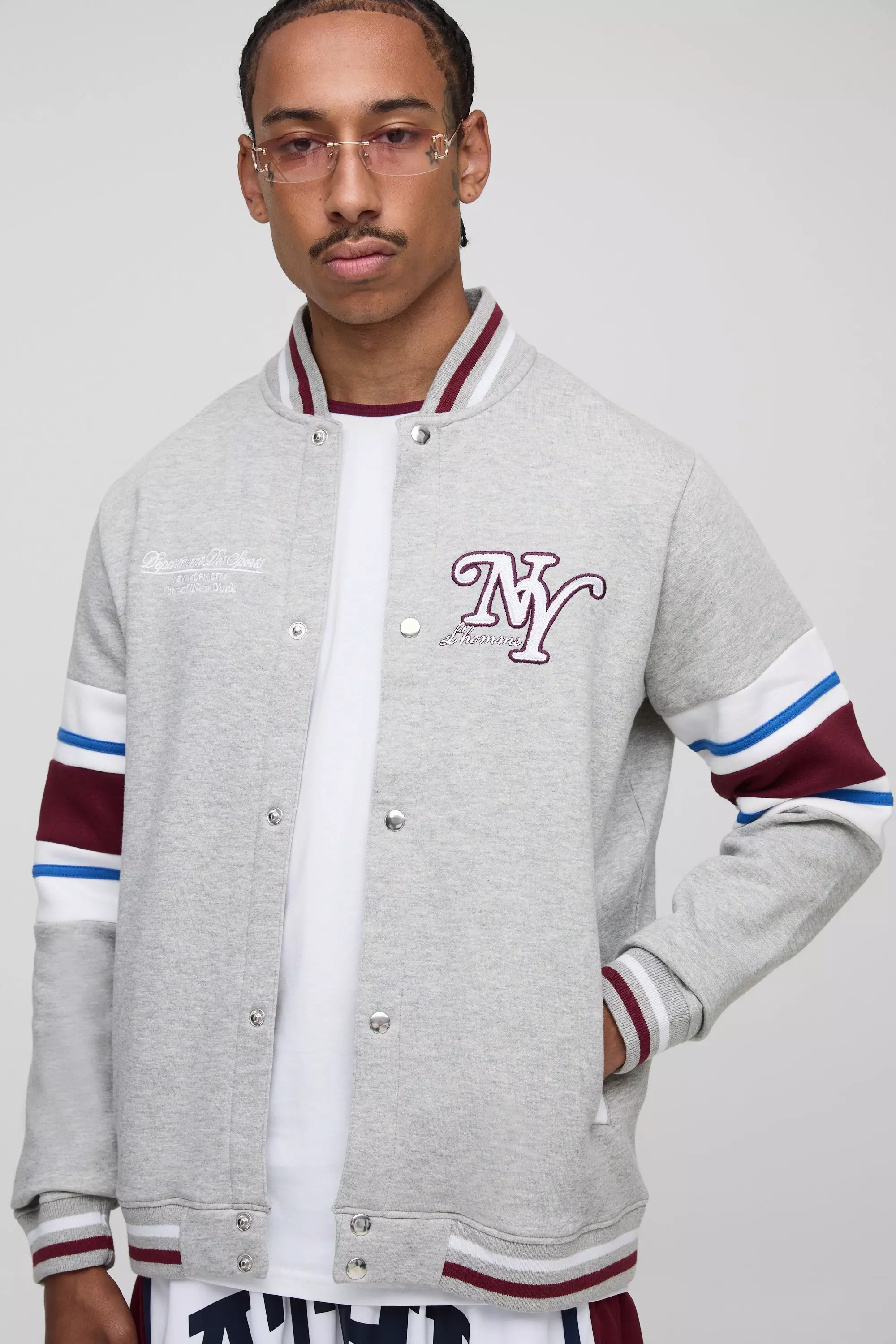 Regular Fit NY Hooded Jersey Varsity Jacket | boohooMAN USA